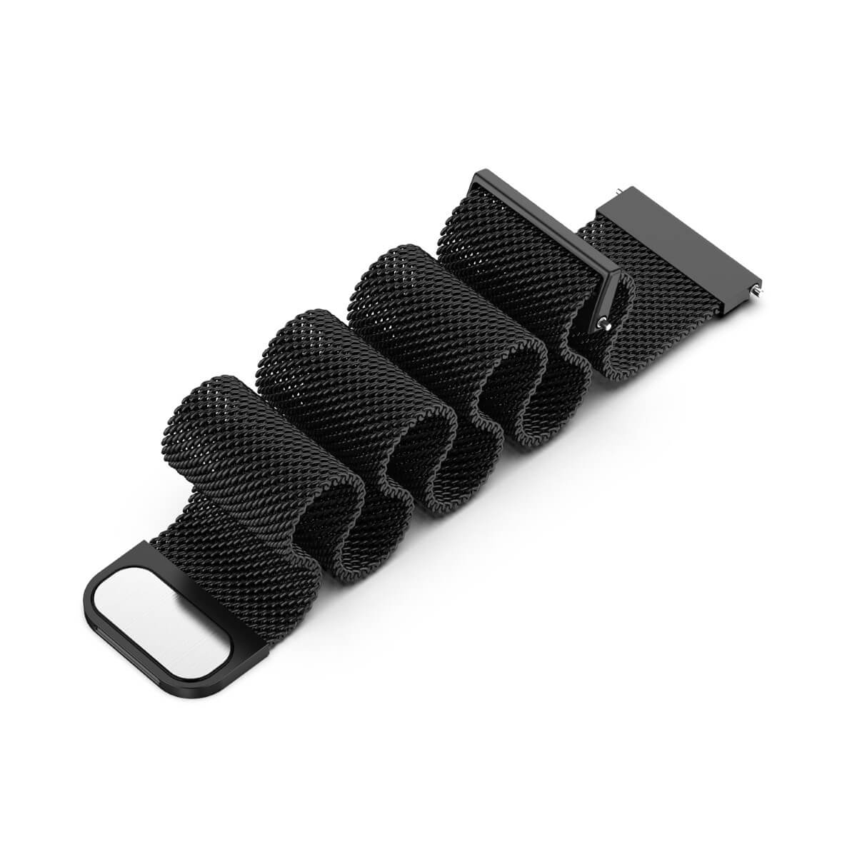 Schwarzes Mesh-Uhrenarmband, gefaltet. Weißer Hintergrund.