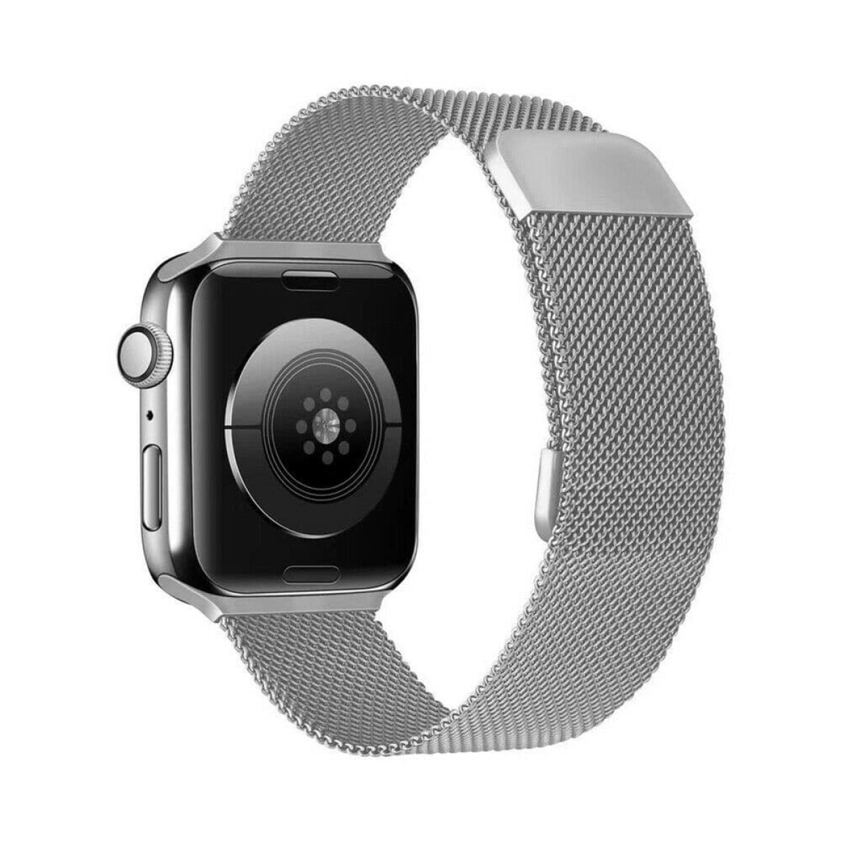 Eine silberne Apple Watch mit einem silbernen Mesh-Armband.