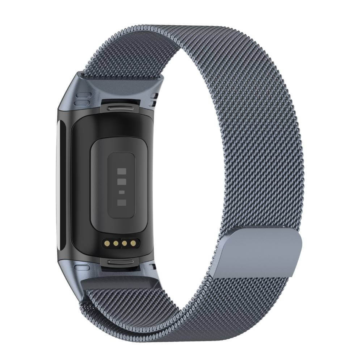 Ein Fitness-Tracker und -Armband. Der Tracker ist schwarz, das Armband grau. Ein graues Band ist um das Gerät gewickelt.