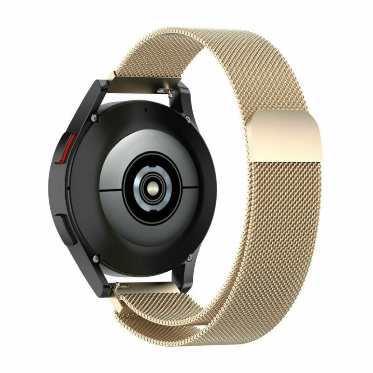 Schwarze Smartwatch mit goldenem Armband, Rückansicht, mit goldenem Band.
