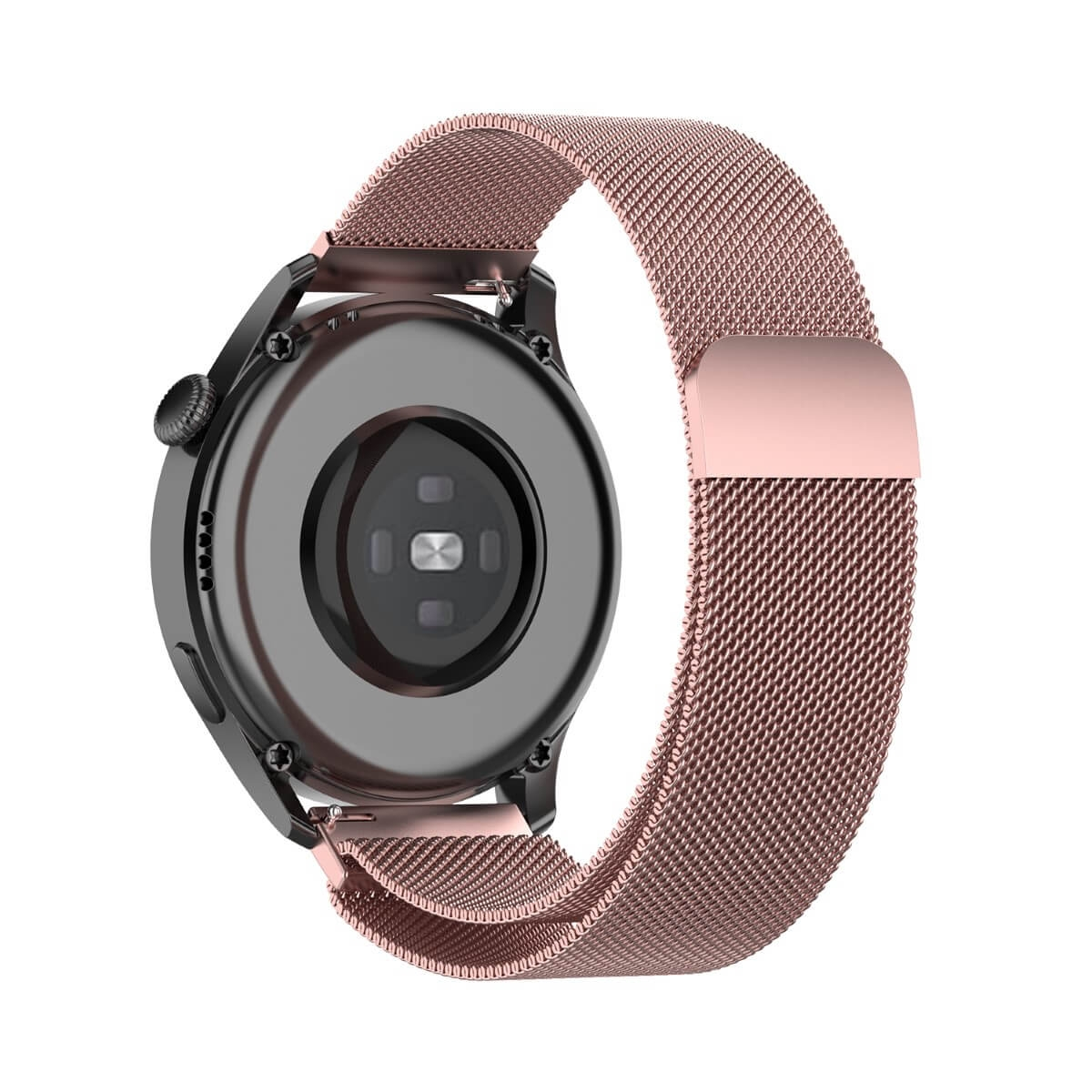 Eine roségoldene Smartwatch mit Mesh-Armband. Die Rückseite zeigt Sensoren.