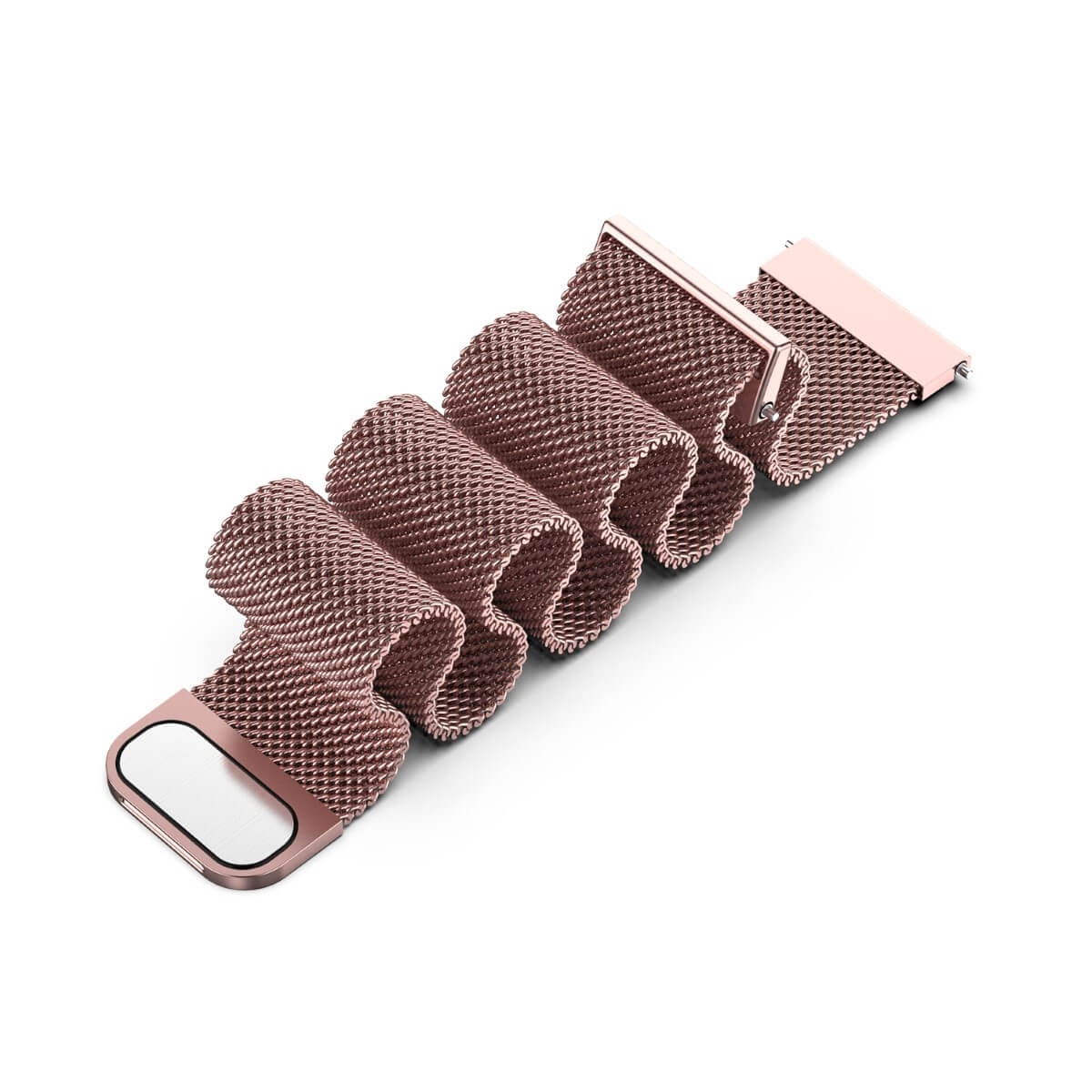 Ein roségoldenes Uhrenarmband mit Mesh-Design, gewellt und abgewinkelt.