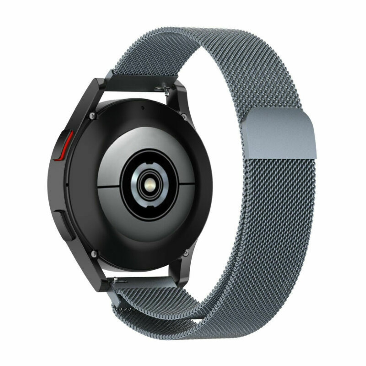 Schwarze Smartwatch mit grauem Mesh-Armband. Die Uhr ist angewinkelt, zeigt die Rückseite und das Banddetail.