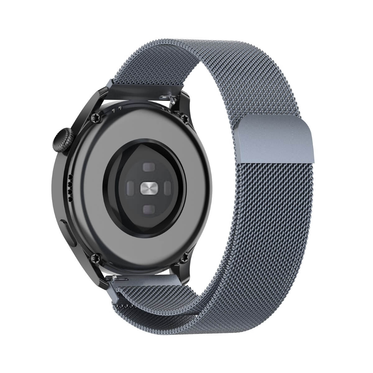 Schwarze Smartwatch mit grauem Mesh-Armband. Rückseite zeigt Herzfrequenzsensor und Ladekontakte.
