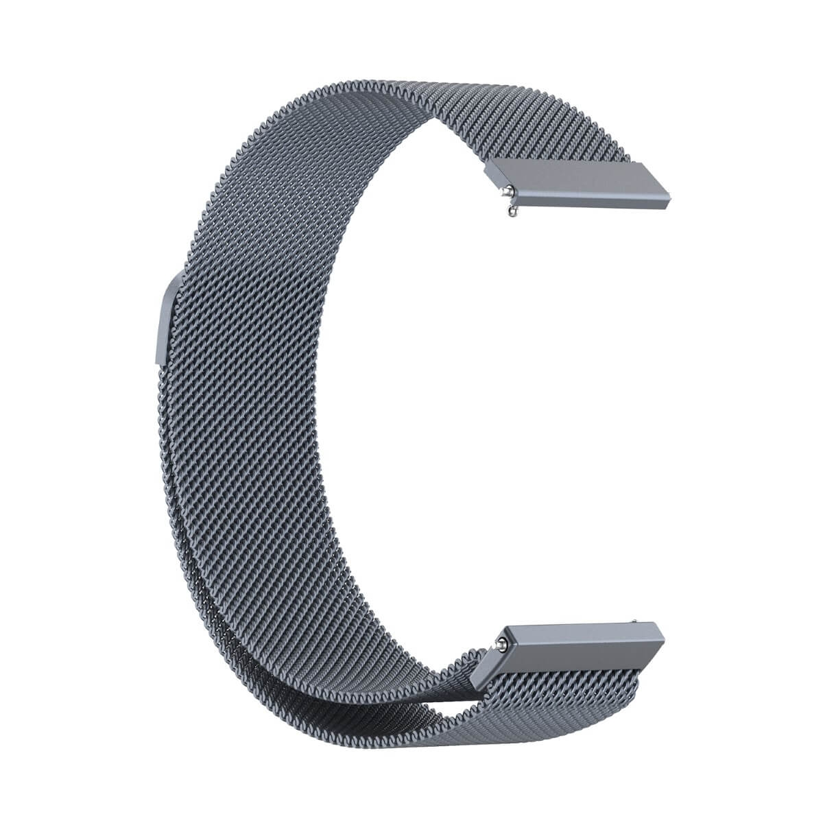 Ein silbernes Mesh-Uhrenarmband mit silbernen Verbindern auf weißem Hintergrund.
