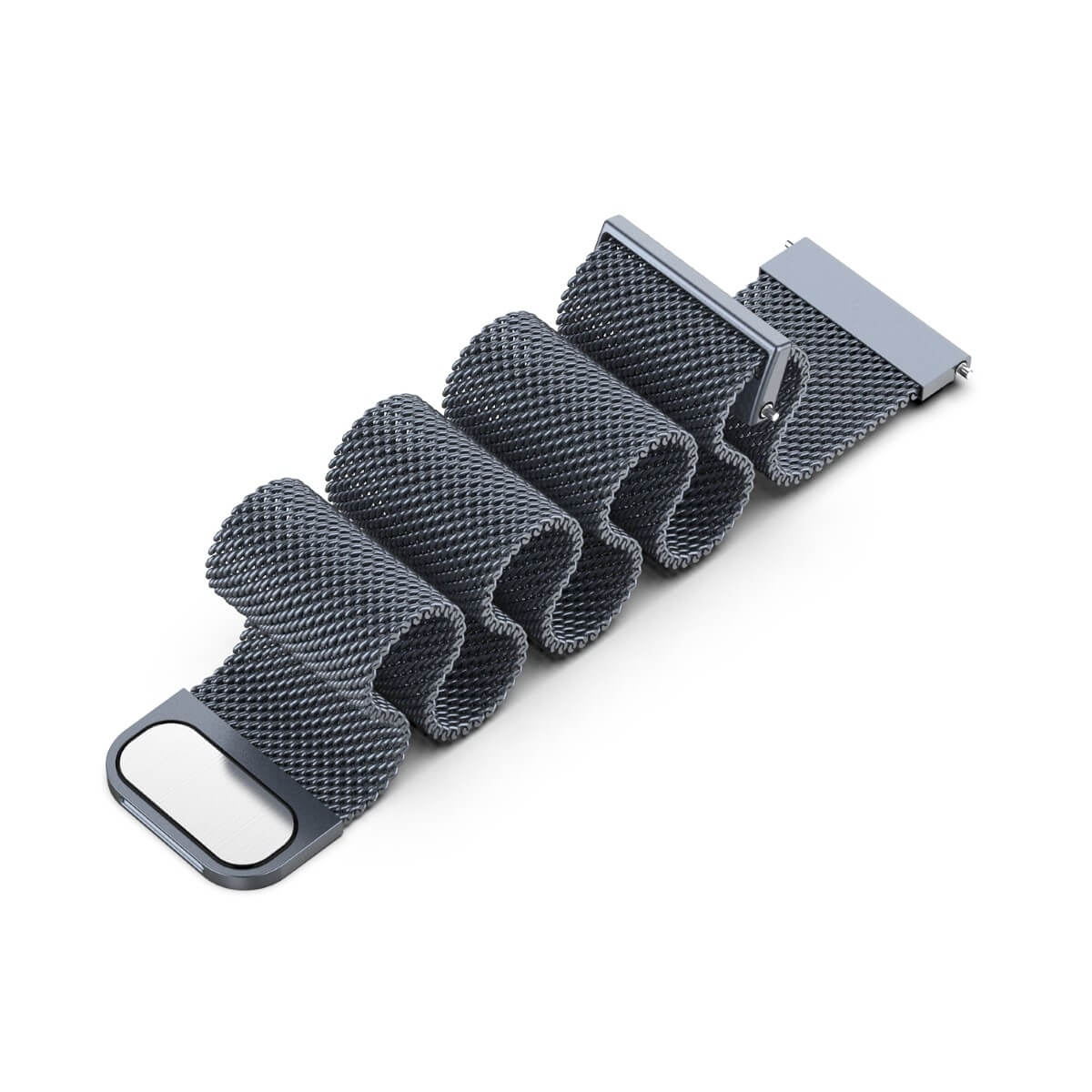 Ein Uhrenarmband aus grauem Metallgeflecht mit silberner Schließe.