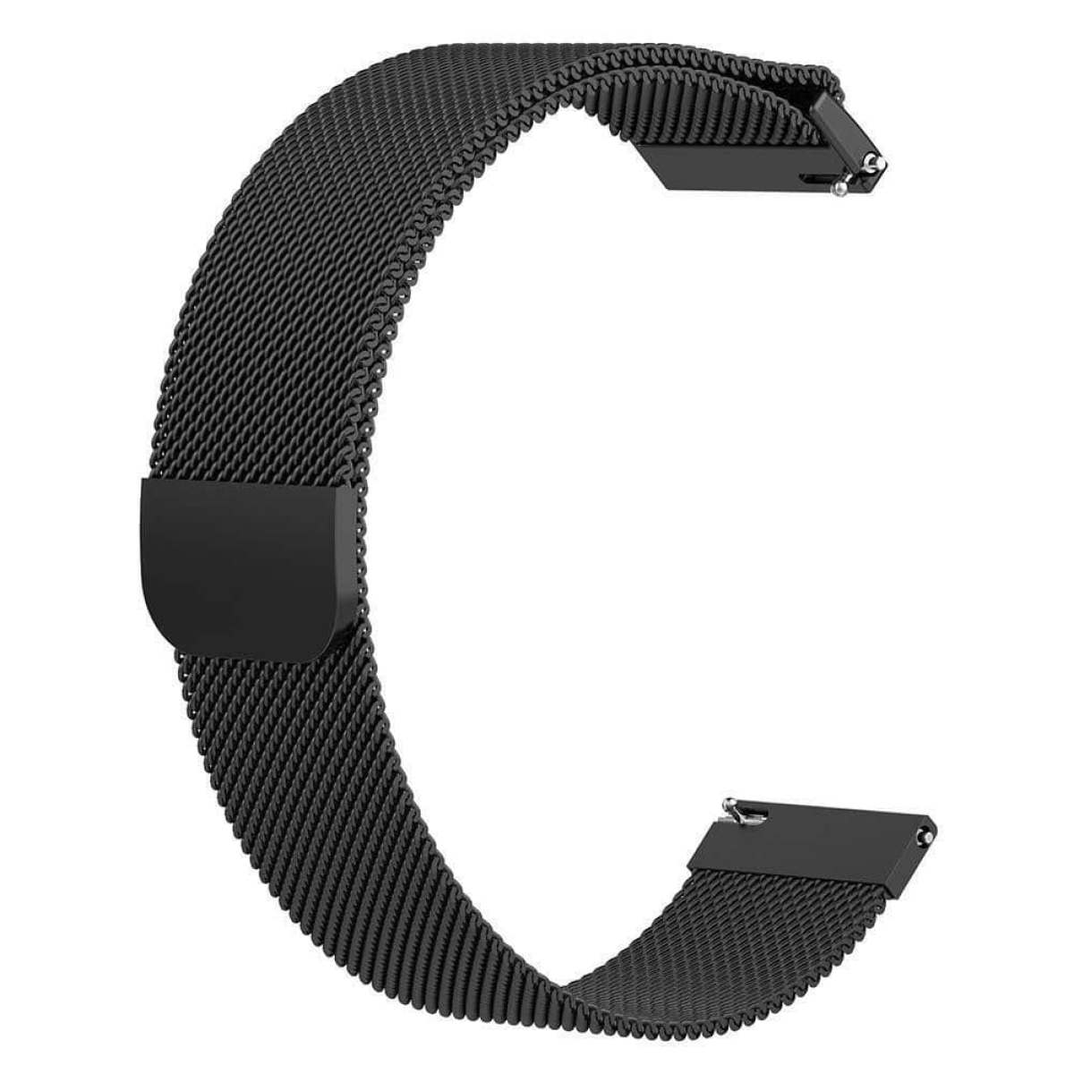 Ein schwarzes Uhrenarmband aus Mesh mit schwarzem Verschluss. Es ist eine Nahaufnahme auf weißem Hintergrund.