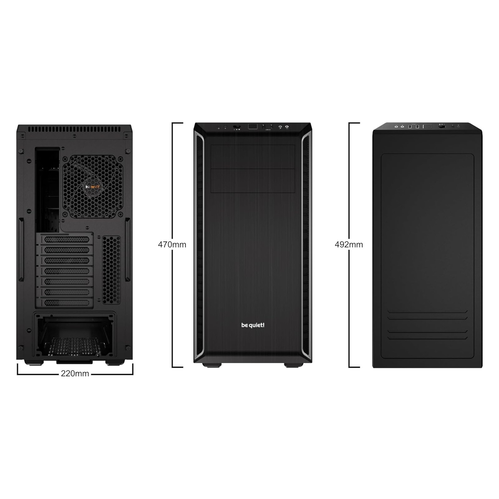 Drei Ansichten eines schwarzen Computergehäuses mit Abmessungen.