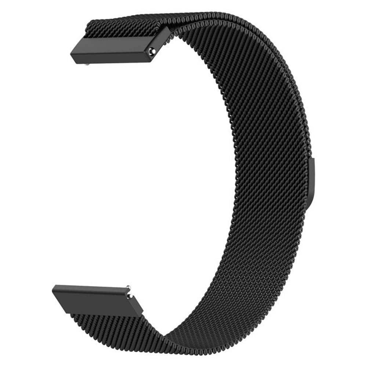 Ein schwarzes, C-förmiges Uhrenarmband aus Mesh-Material mit Anschlüssen an beiden Enden.