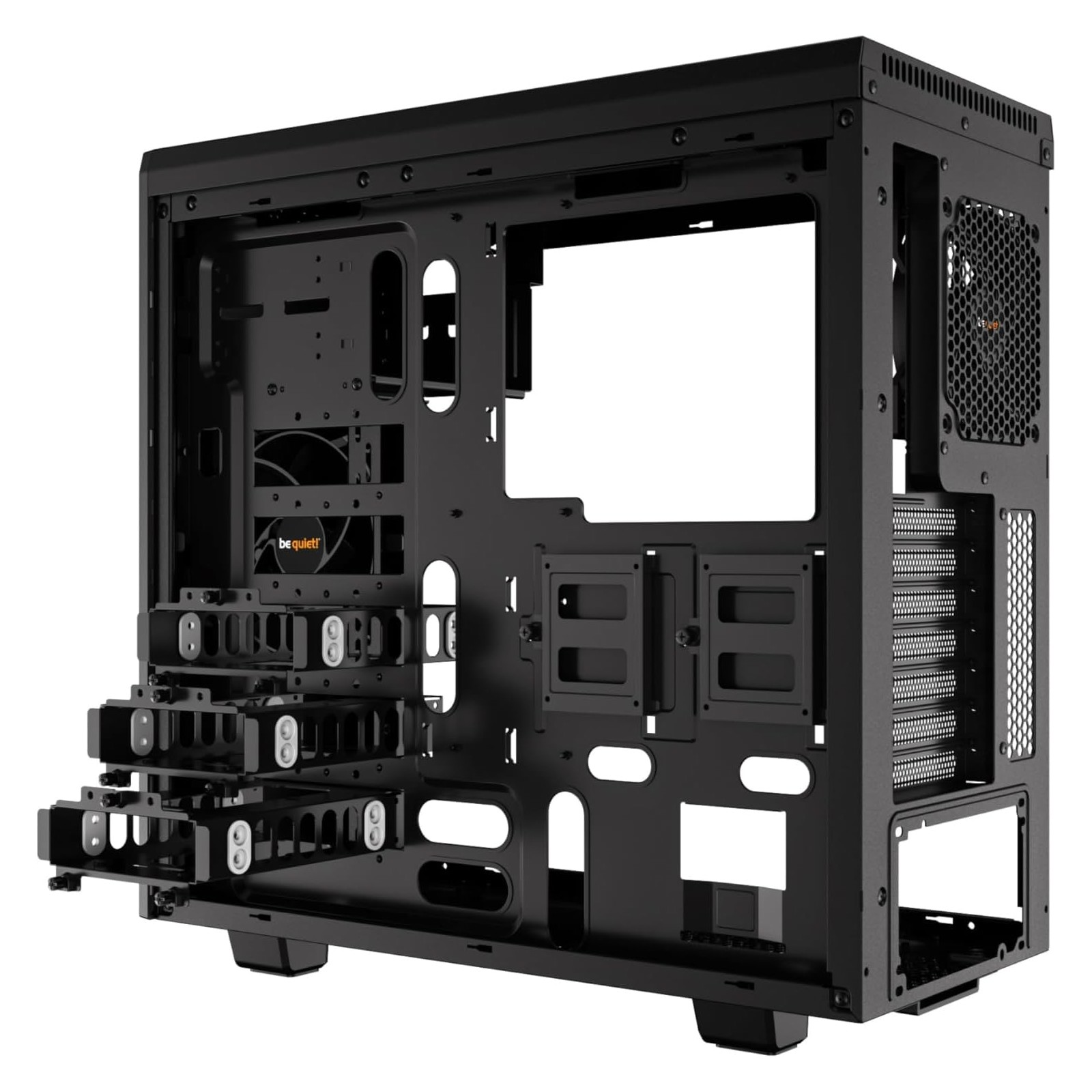 Schwarzes PC-Gehäuse-Innendesign mit Festplatteneinschüben und Platz für Komponenten.