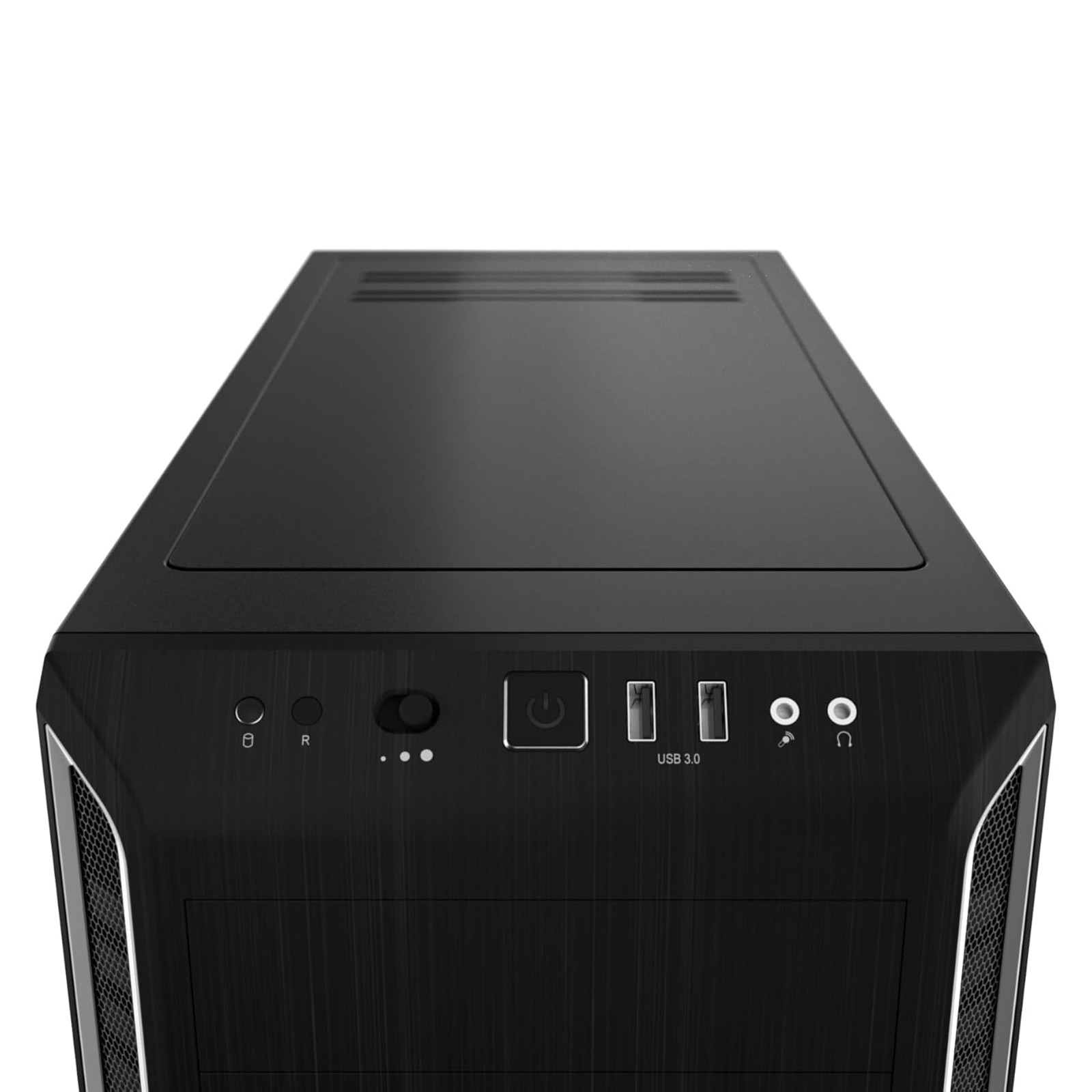 Schwarzes Computer-Tower-Gehäuse, zeigt die Frontplatte mit Tasten und Anschlüssen.