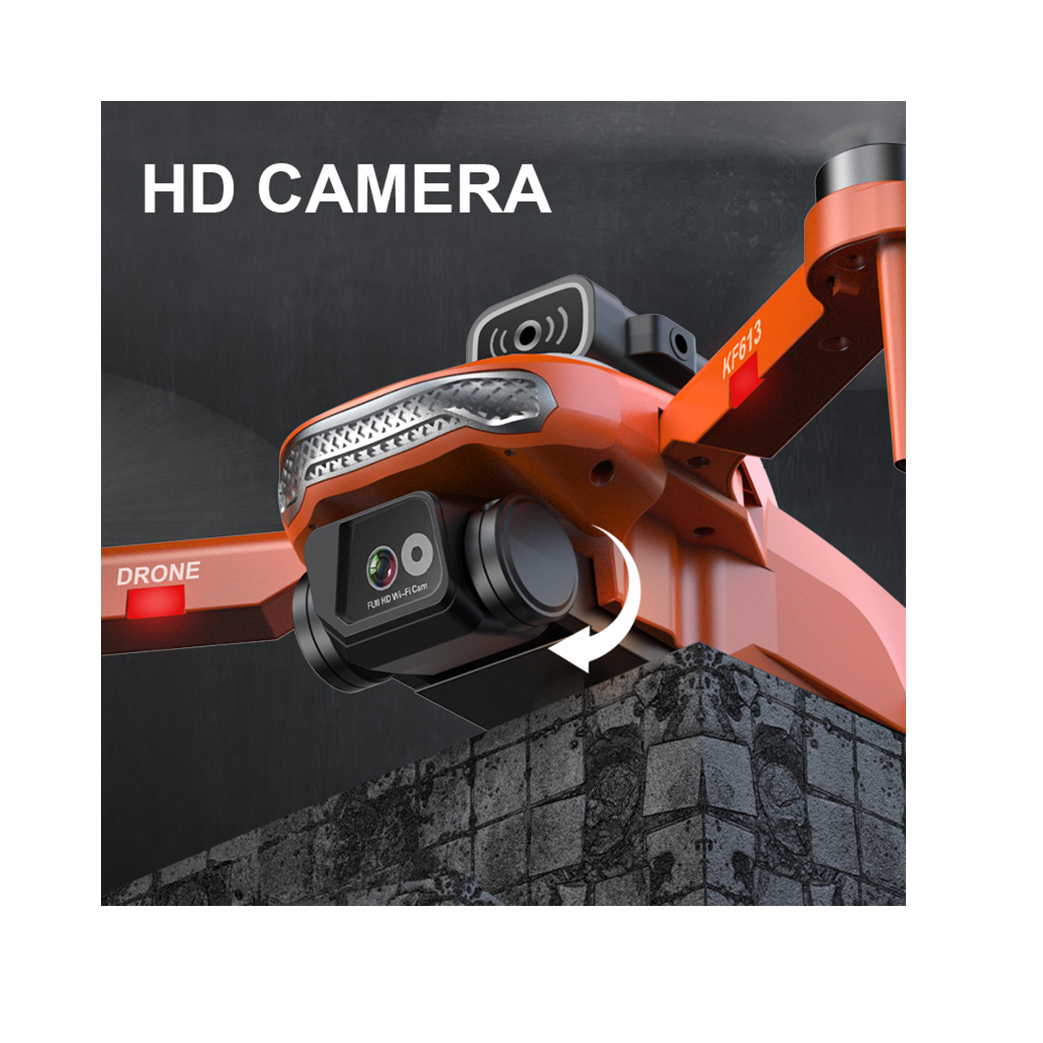 Pomarańczowy dron z kamerą HD i tekstem. Szare i czarne tło.