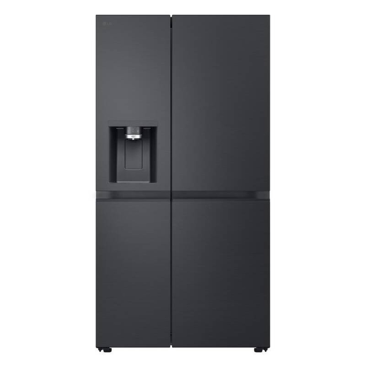 Frigorifero LG nero con due porte affiancate e due porte inferiori. Erogatore sulla porta sinistra.
