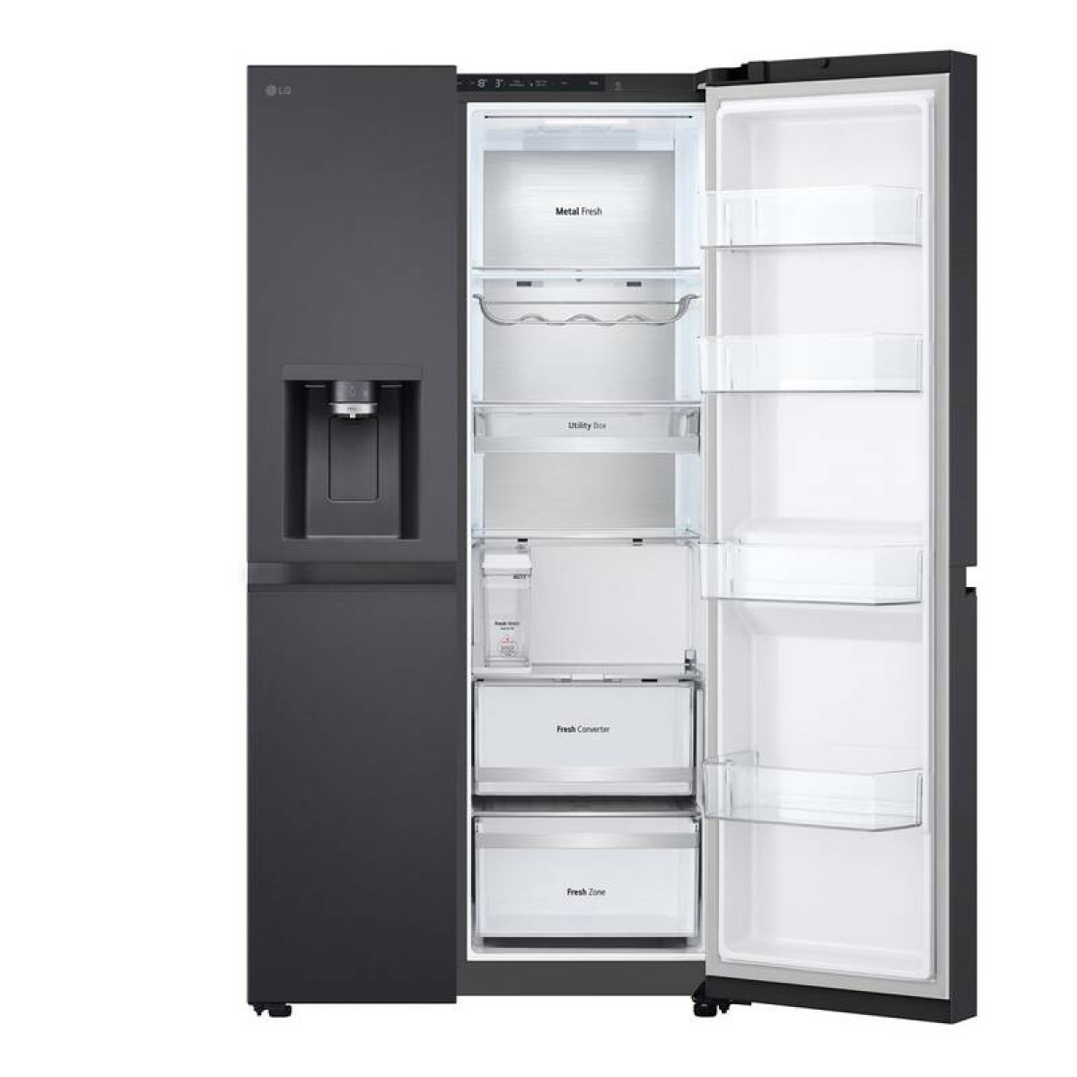 Frigorifero LG nero con porte aperte, che mostra l'interno. Ha dispenser di acqua e ripiani. Interno bianco, esterno scuro.