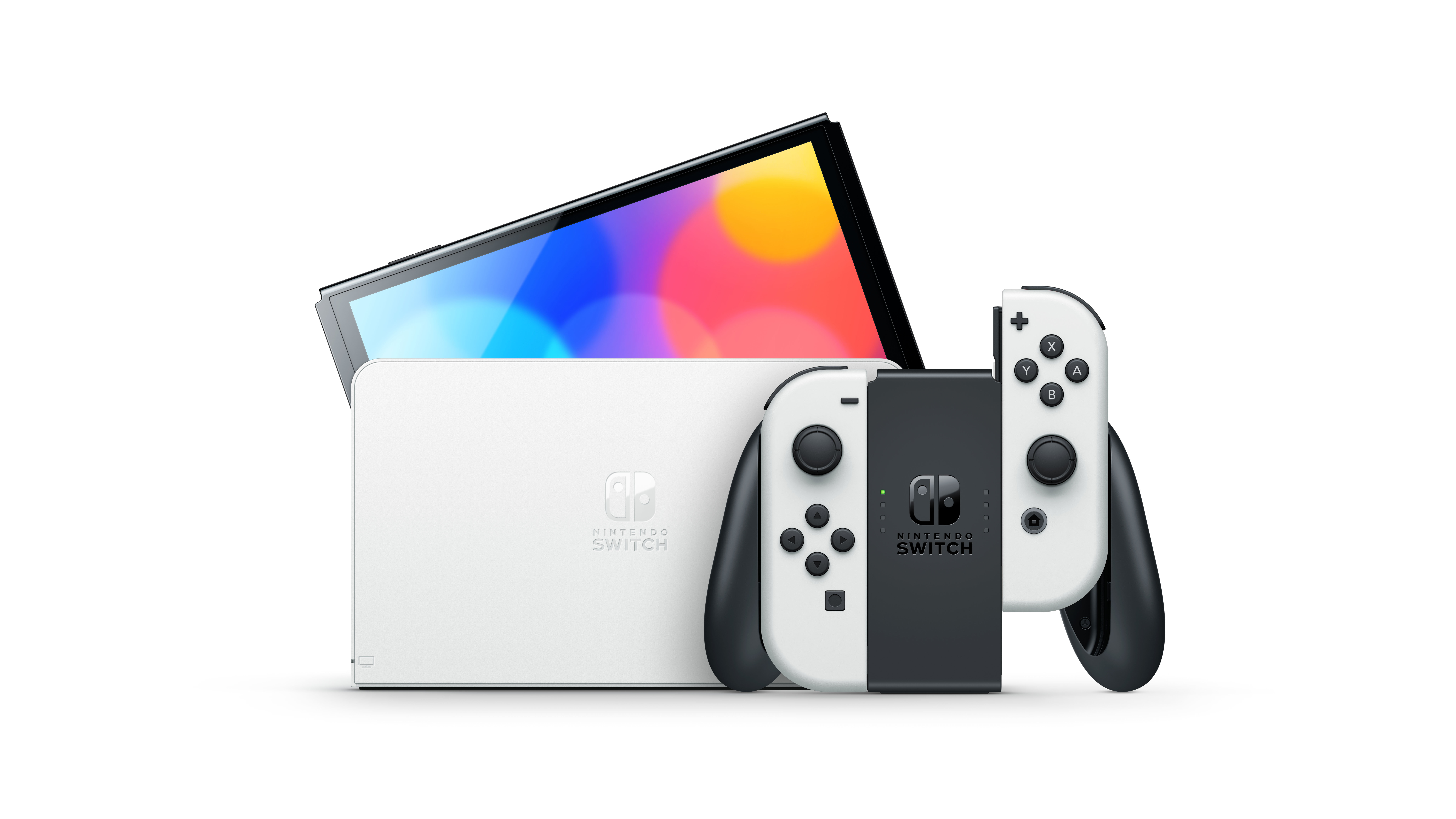 Eine weiße Nintendo Switch-Konsole mit zwei schwarz-weißen Joy-Con-Controllern.