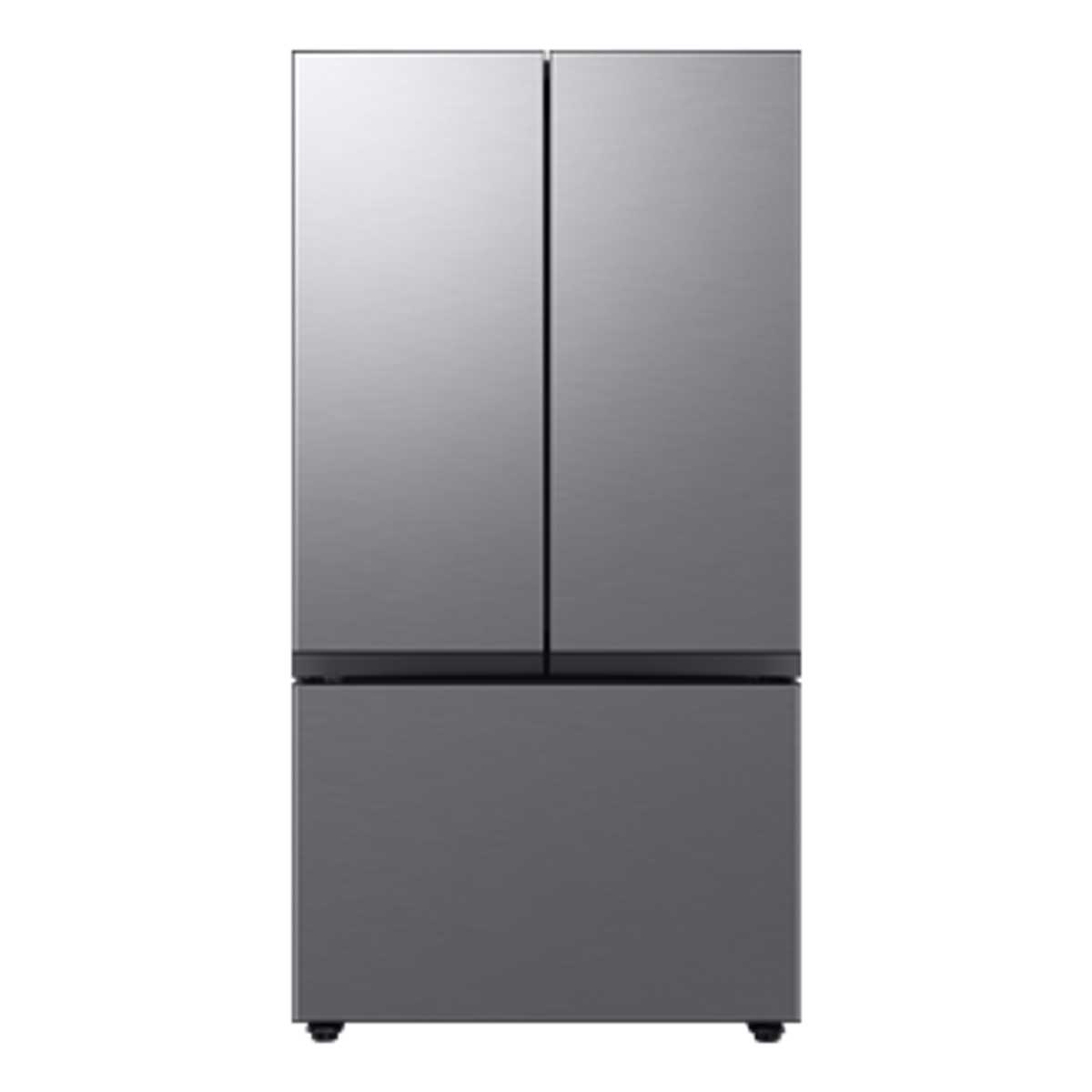 A stainless steel refrigerator with three doors. Two top doors and a bottom drawer.