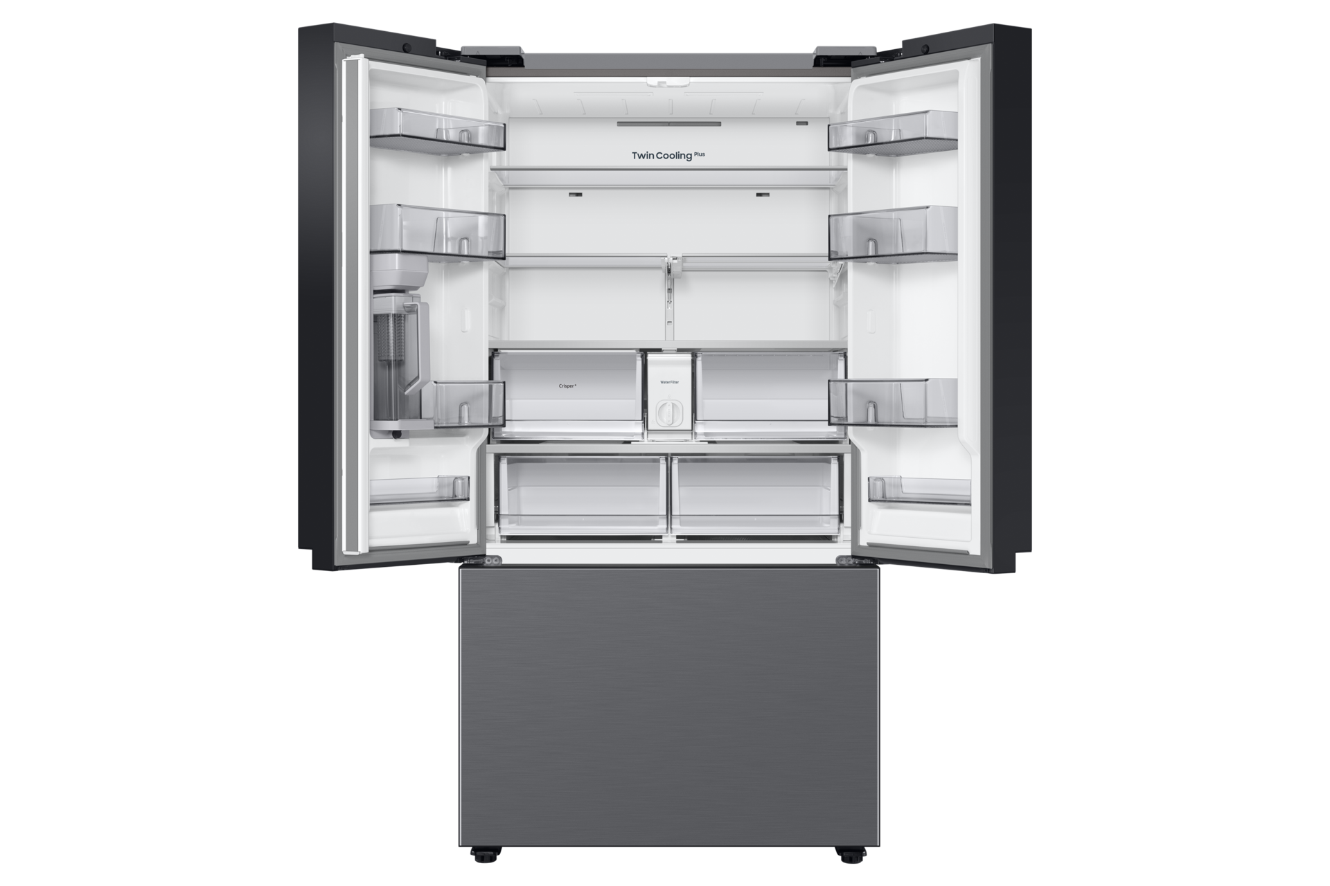 Open dark grey refrigerator with shelves, drawers and lights. Interior view.