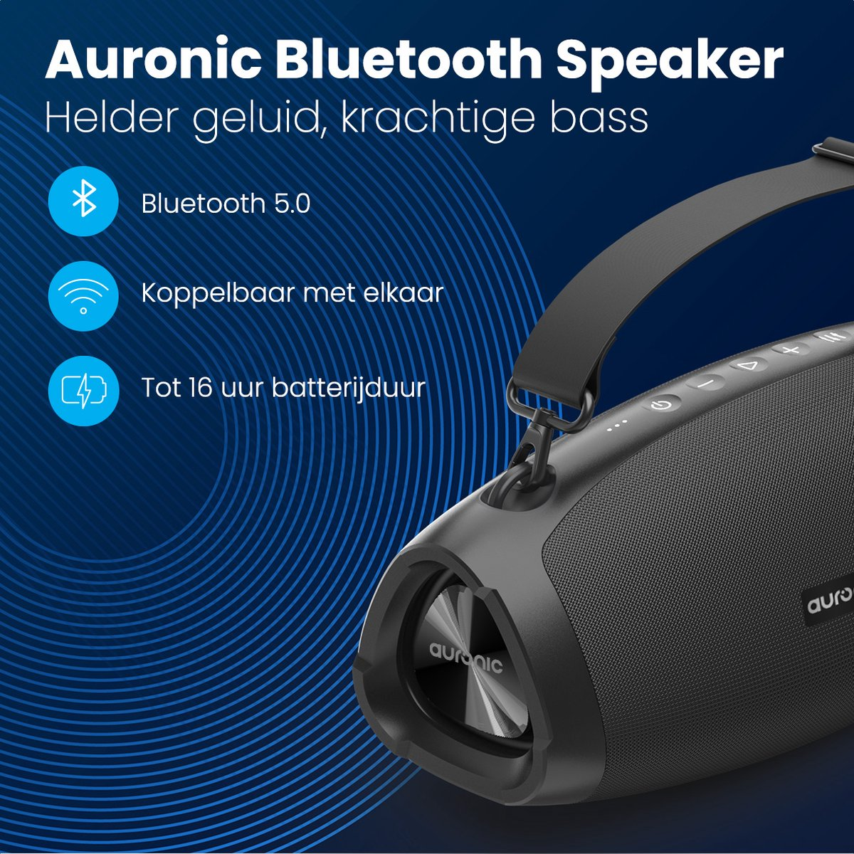 Een zwarte luidspreker met tekst: Auronic Bluetooth Speaker, en een blauwe achtergrond.
