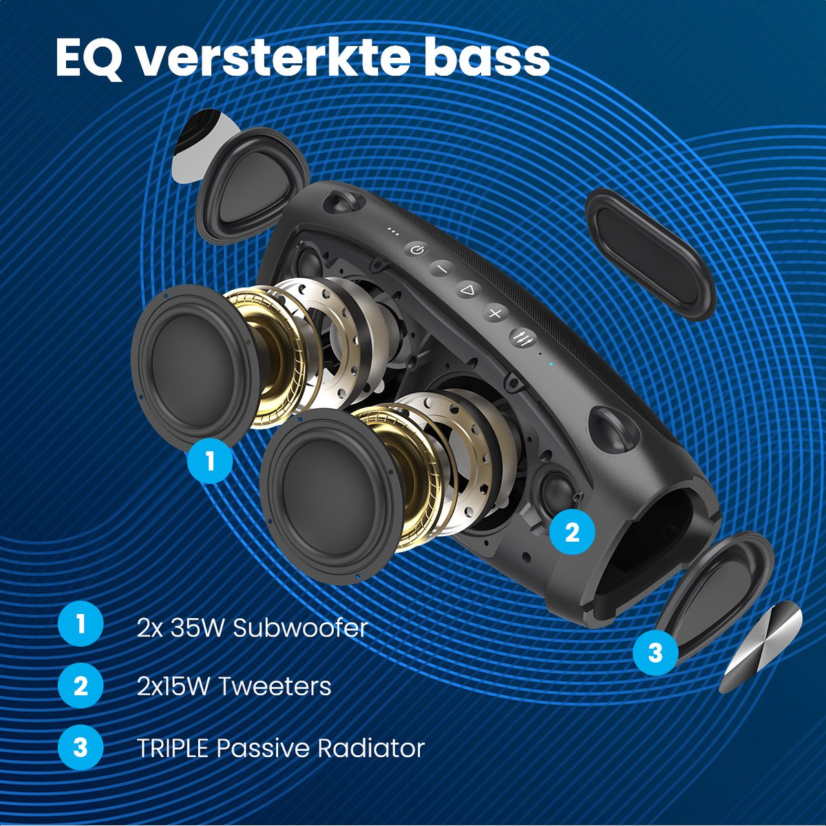 Exploded view van een luidspreker, de verschillende onderdelen tonend. Tekst: 'EQ verstärkte bass'.