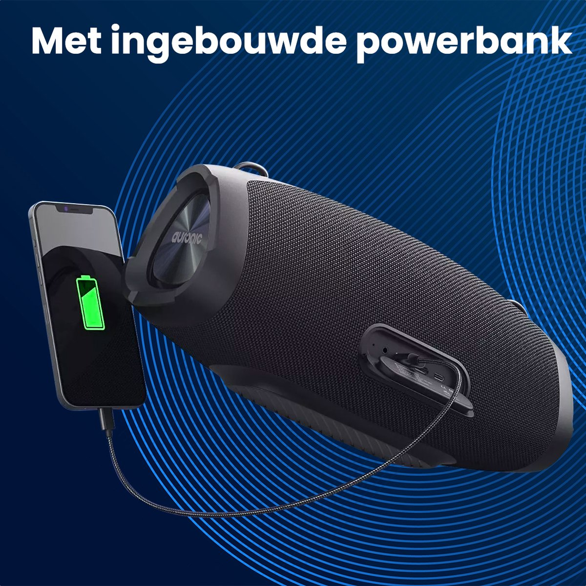 Een zwarte luidspreker met een telefoon die erop wordt opgeladen. Het telefoonscherm toont een groen batterijsymbool.