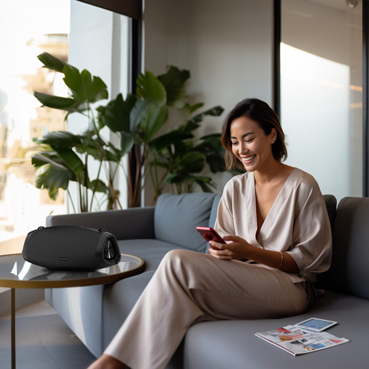 Een vrouw die een telefoon gebruikt op een bank, een zwarte speaker op een bijzettafel en planten.