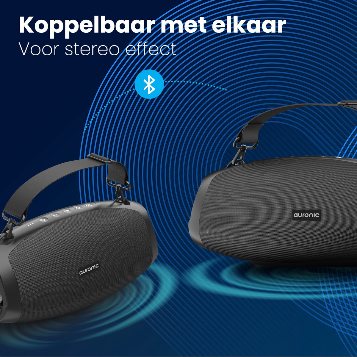 Twee zwarte draagbare luidsprekers met handvatten. Bluetooth-symbool en blauwe geluidsgolven aanwezig.