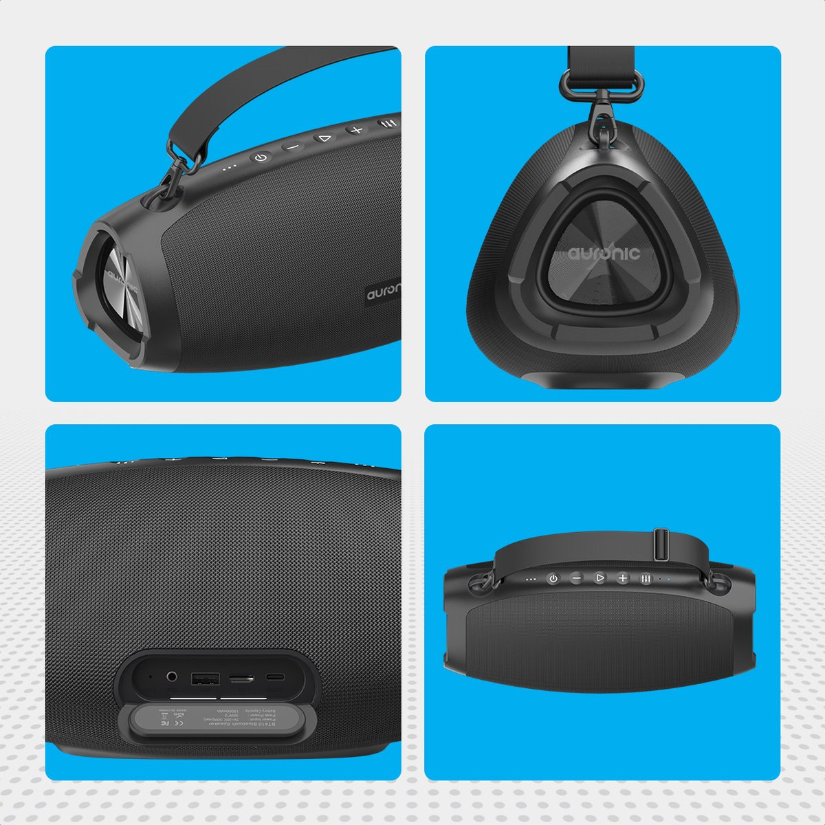 Zwarte Auronic bluetooth-luidspreker, meerdere aanzichten, met riem en bedieningspaneel.