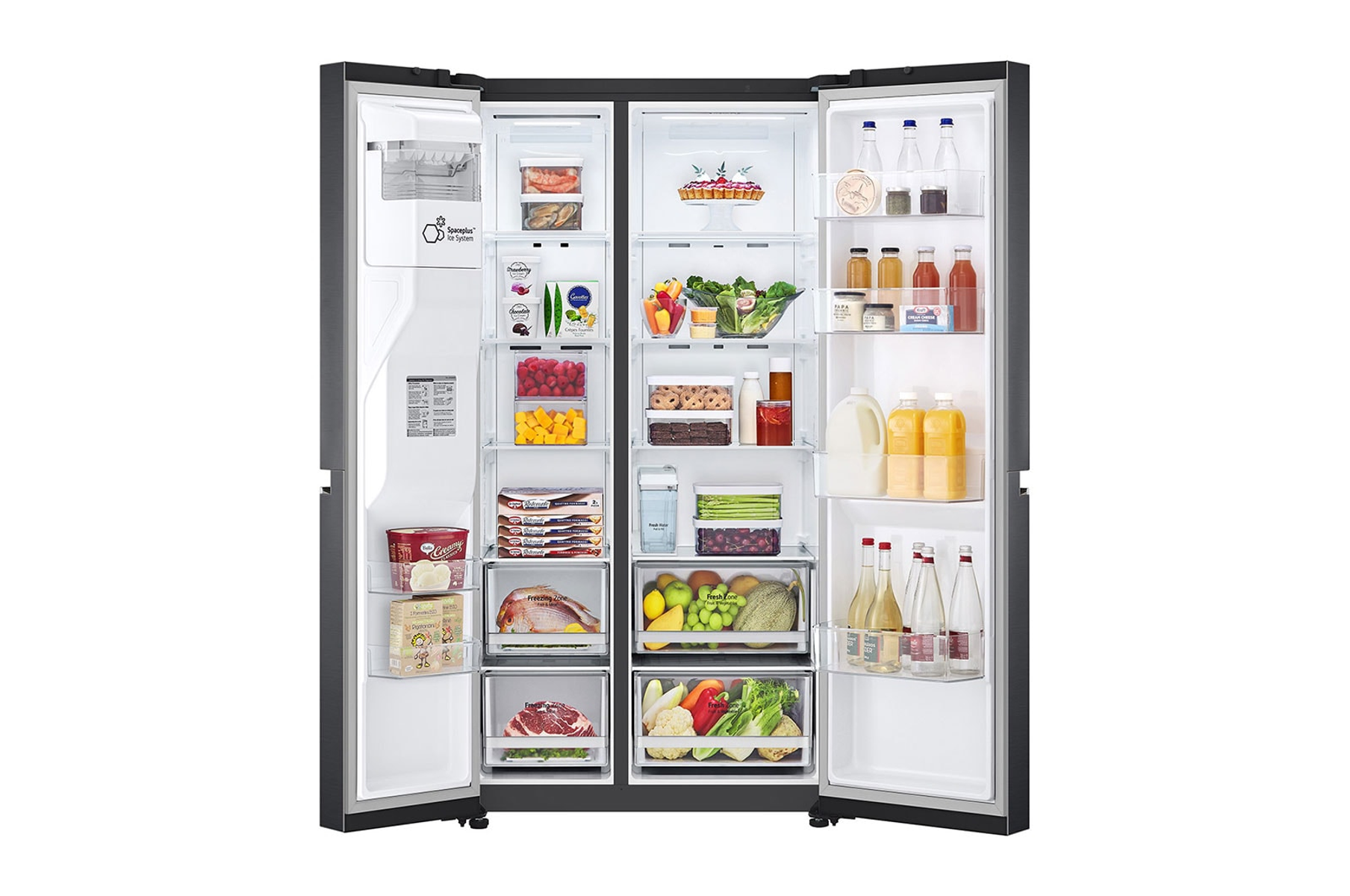 Réfrigérateur LG ouvert avec divers aliments à l'intérieur, bien organisés.