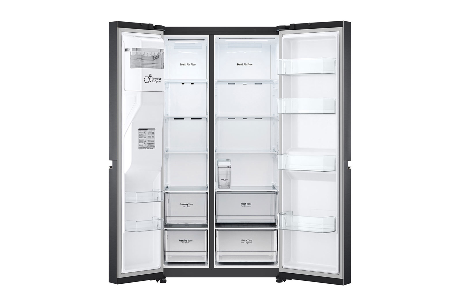 Réfrigérateur LG avec portes ouvertes, présentant étagères, tiroirs et composants internes.