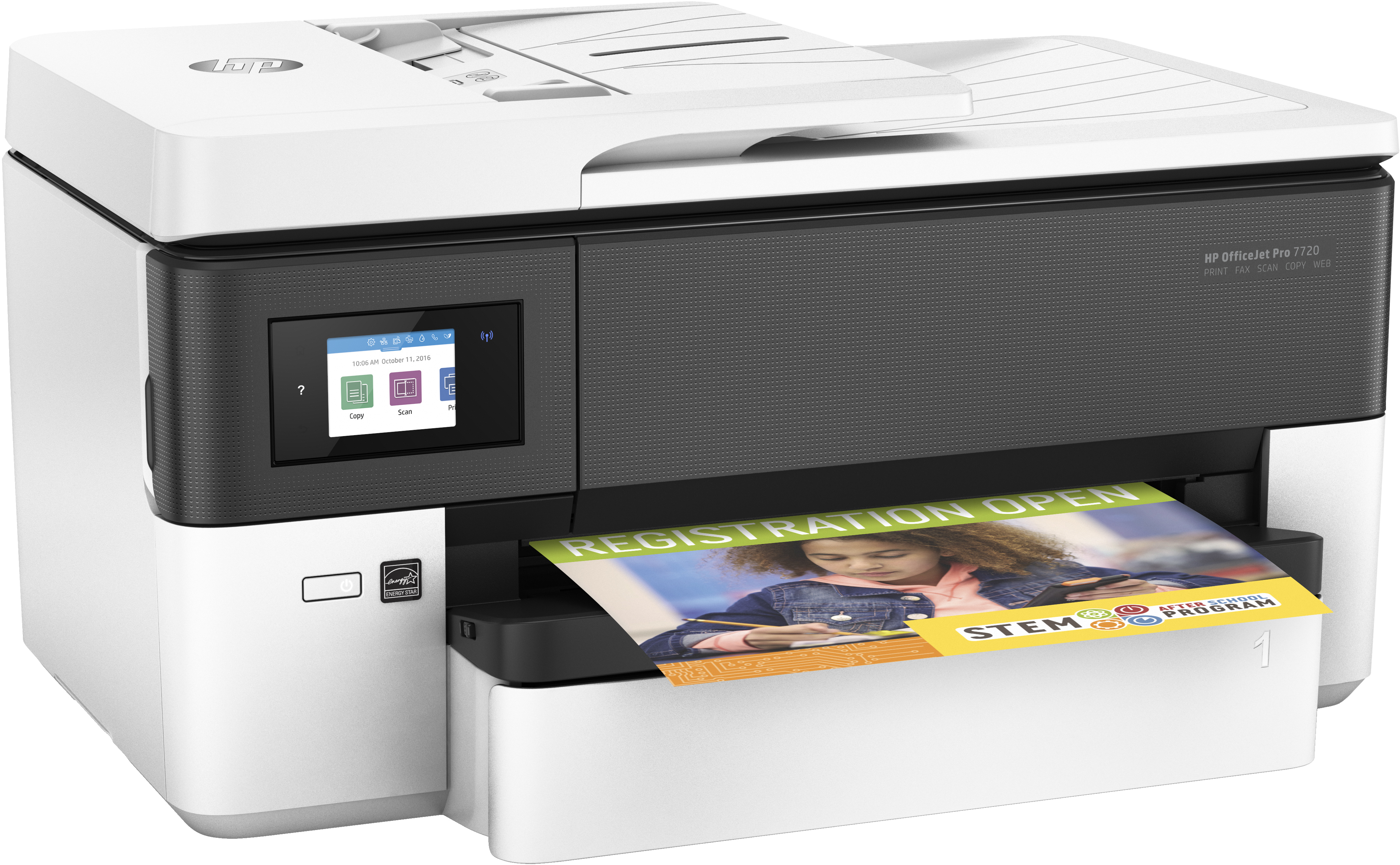 Ein HP-Drucker druckt ein Papier. Auf dem Papier steht: Registrierung offen. Der Drucker ist weiß.