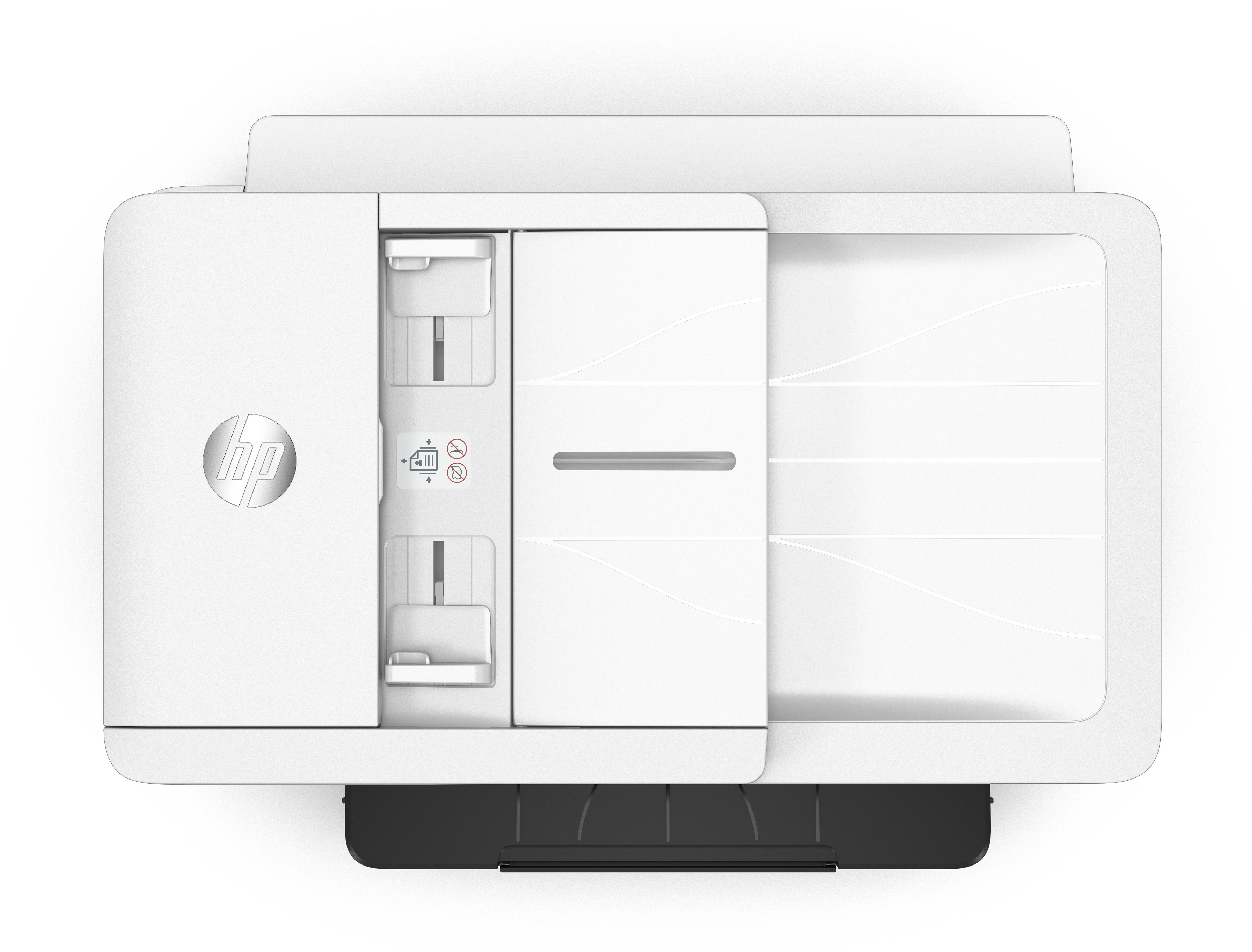 Weißer HP-Drucker, Draufsicht, mit offenen Papierfächern und Bedienfeld.