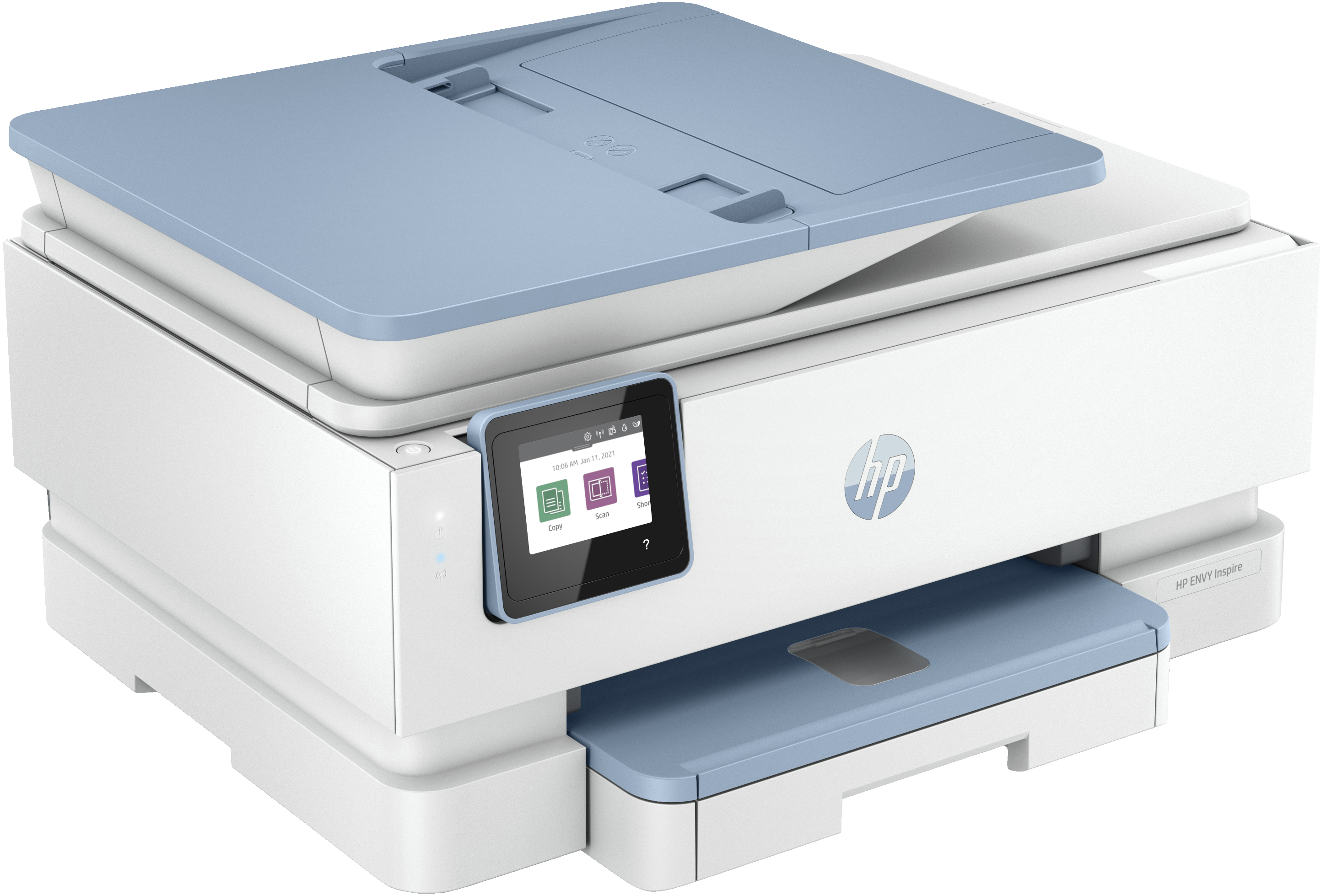 Impresora de inyección de tinta HP Envy, blanca y azul con pantalla táctil, imprimiendo desde arriba.