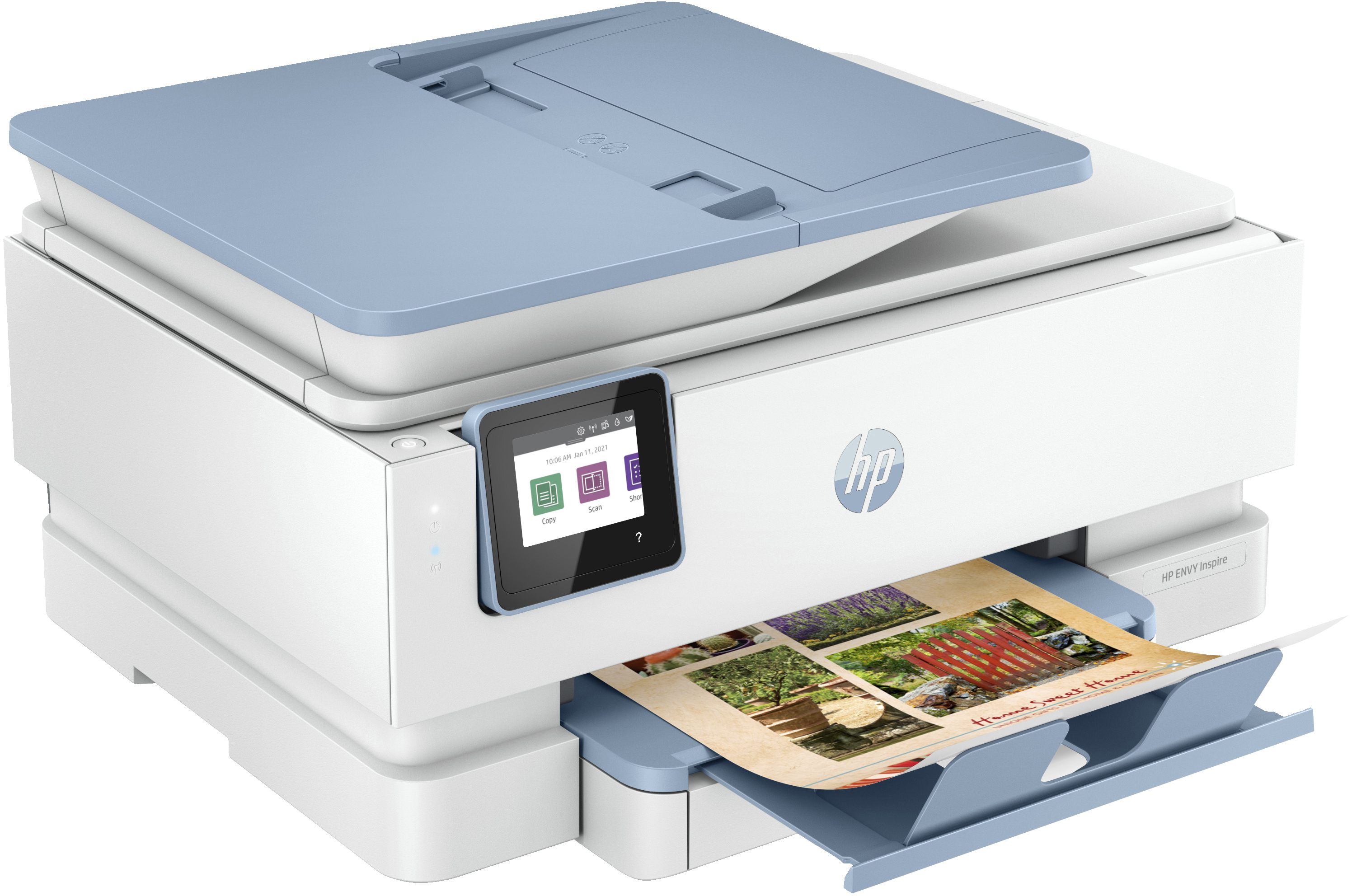 Una impresora HP Envy Inspire imprimiendo un documento colorido, con tapa y bandeja azules, sobre una superficie blanca.