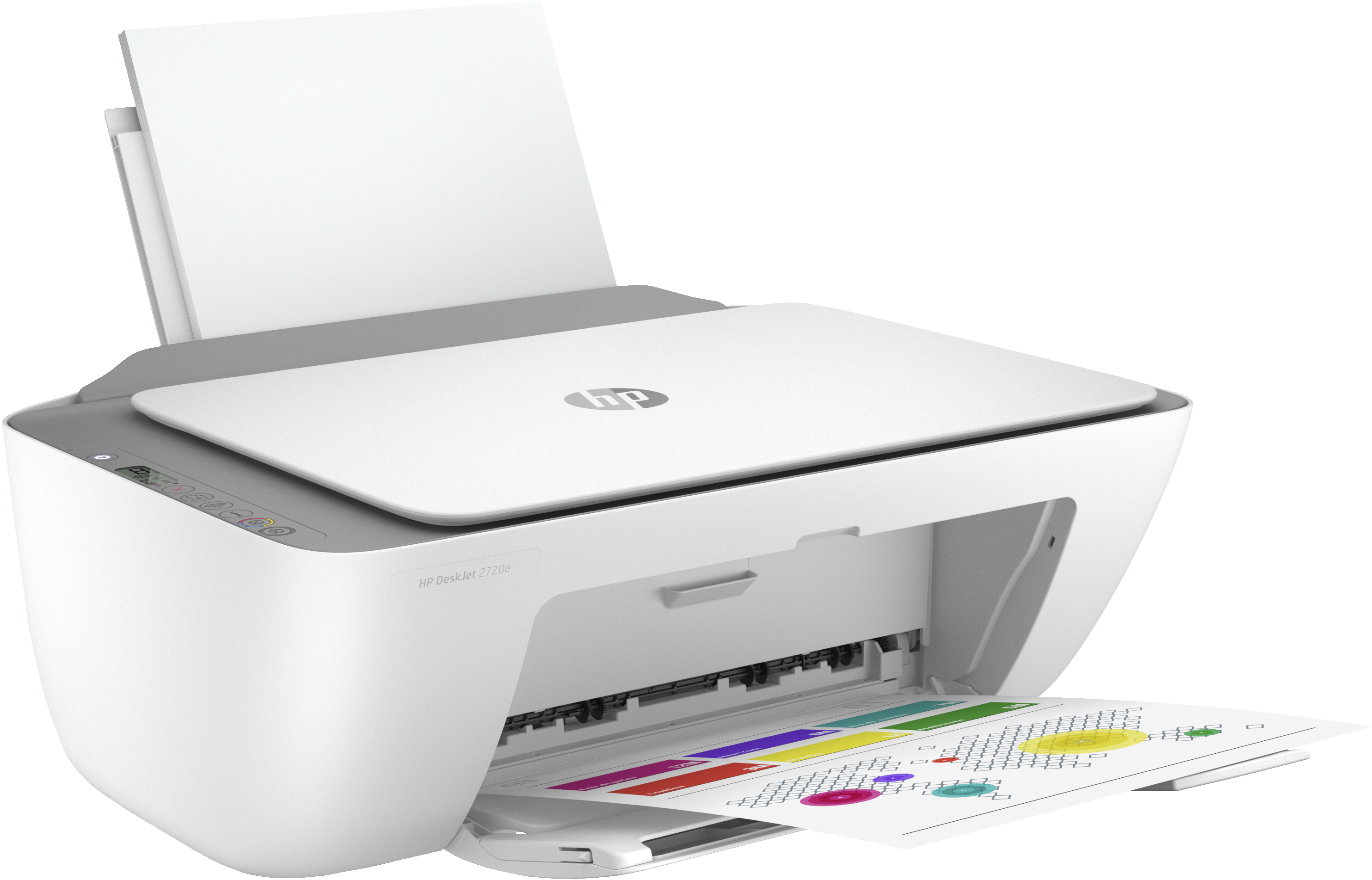Impresora HP blanca con bandeja de papel abierta. Hoja de color visible. Tapa gris y logotipo.