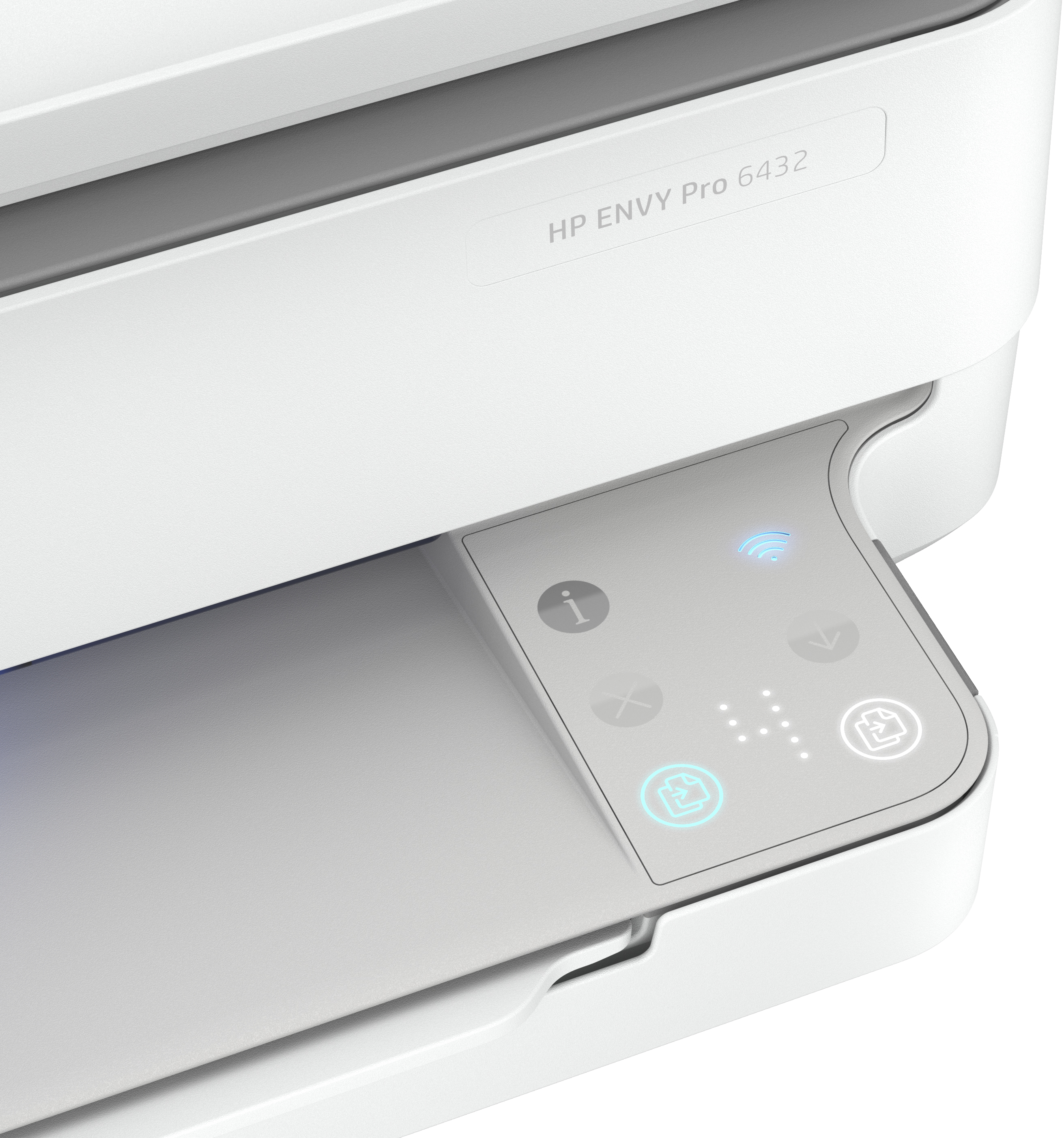 Primer plano del panel de control de una impresora blanca con botones y el texto HP ENVY Pro 6432.