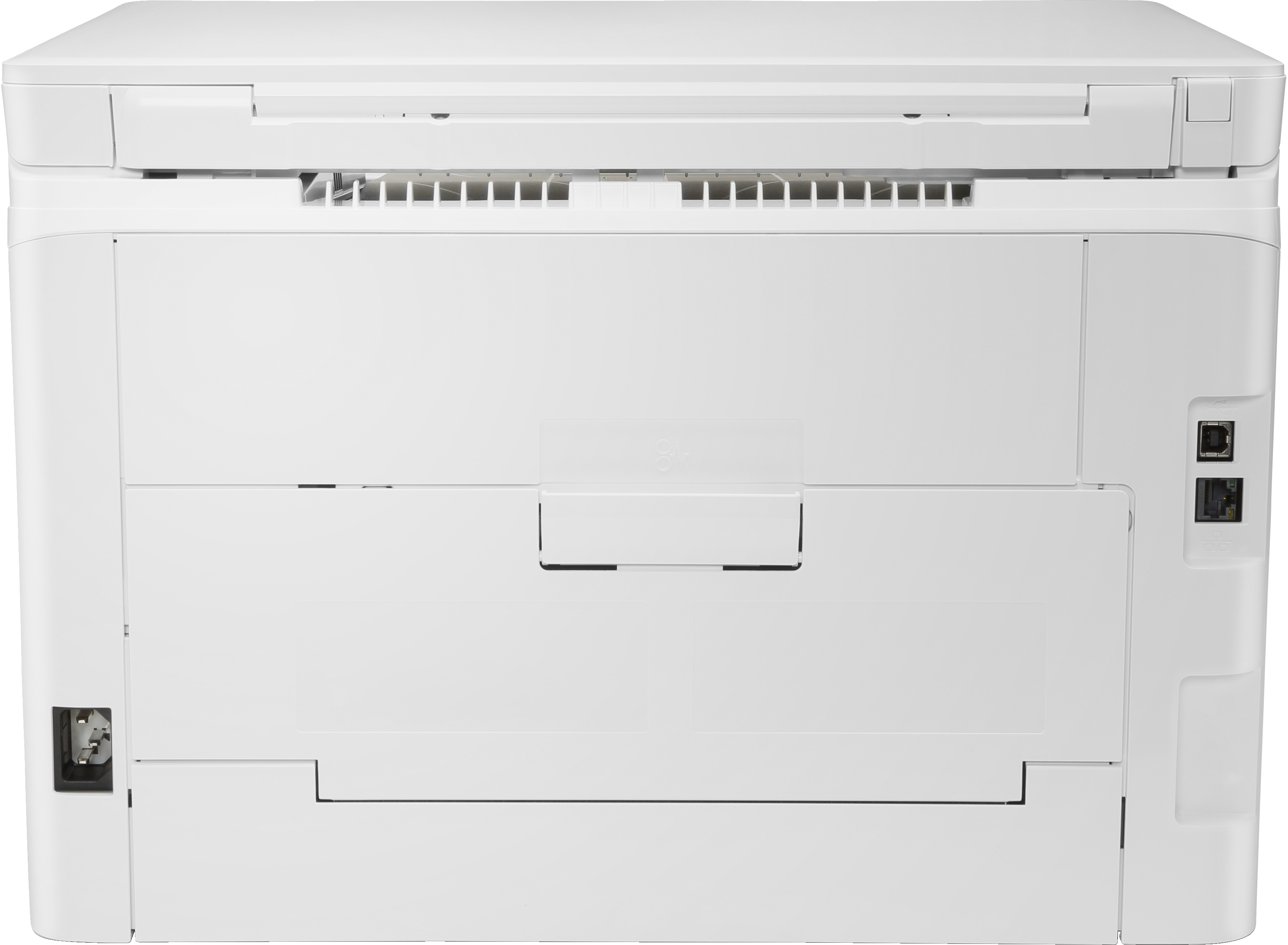 Dos de l'imprimante blanc. Fente à papier ouverte. Ports USB et alimentation visibles.