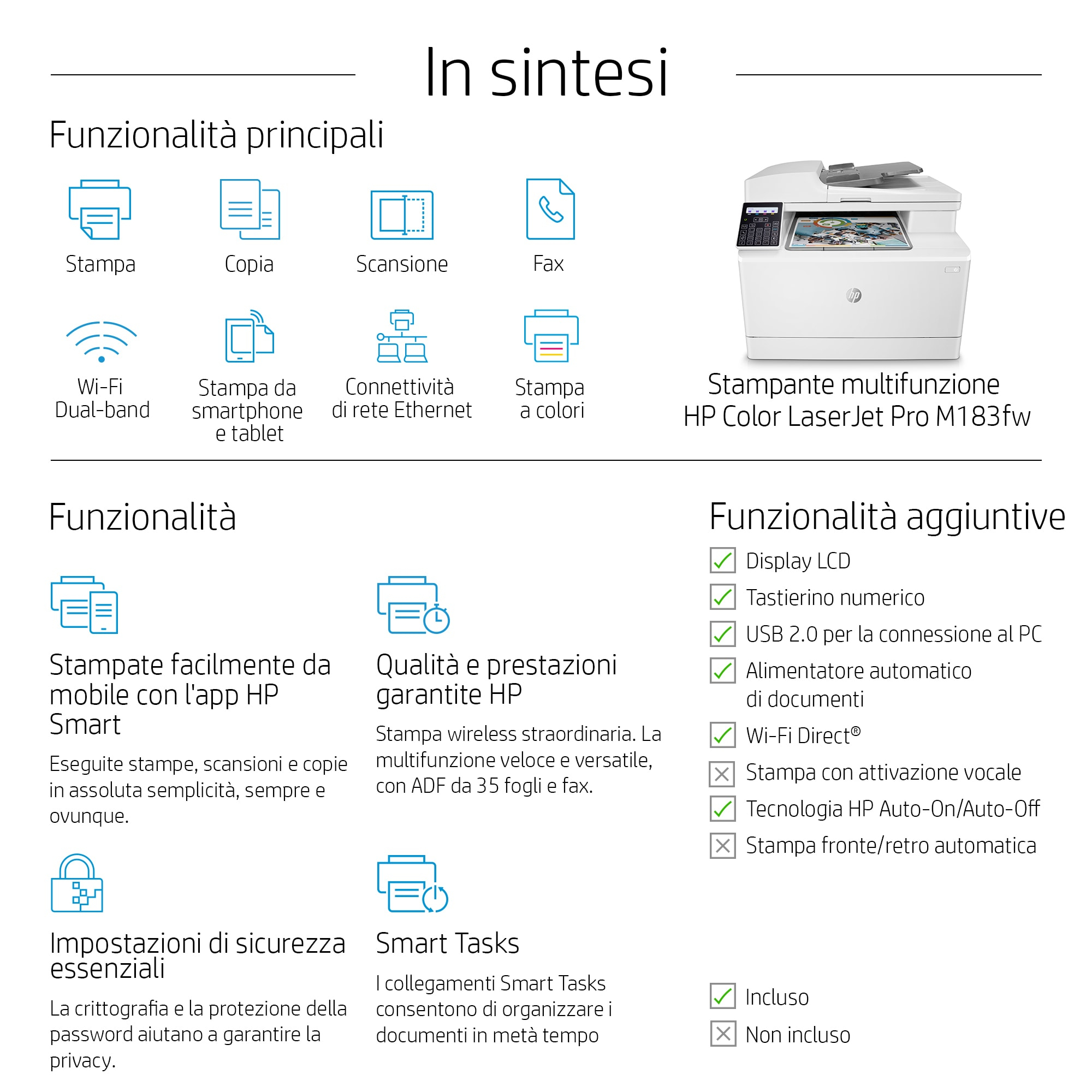 Texto italiano sobre una impresora multifunción HP Color LaserJet Pro M183fw.