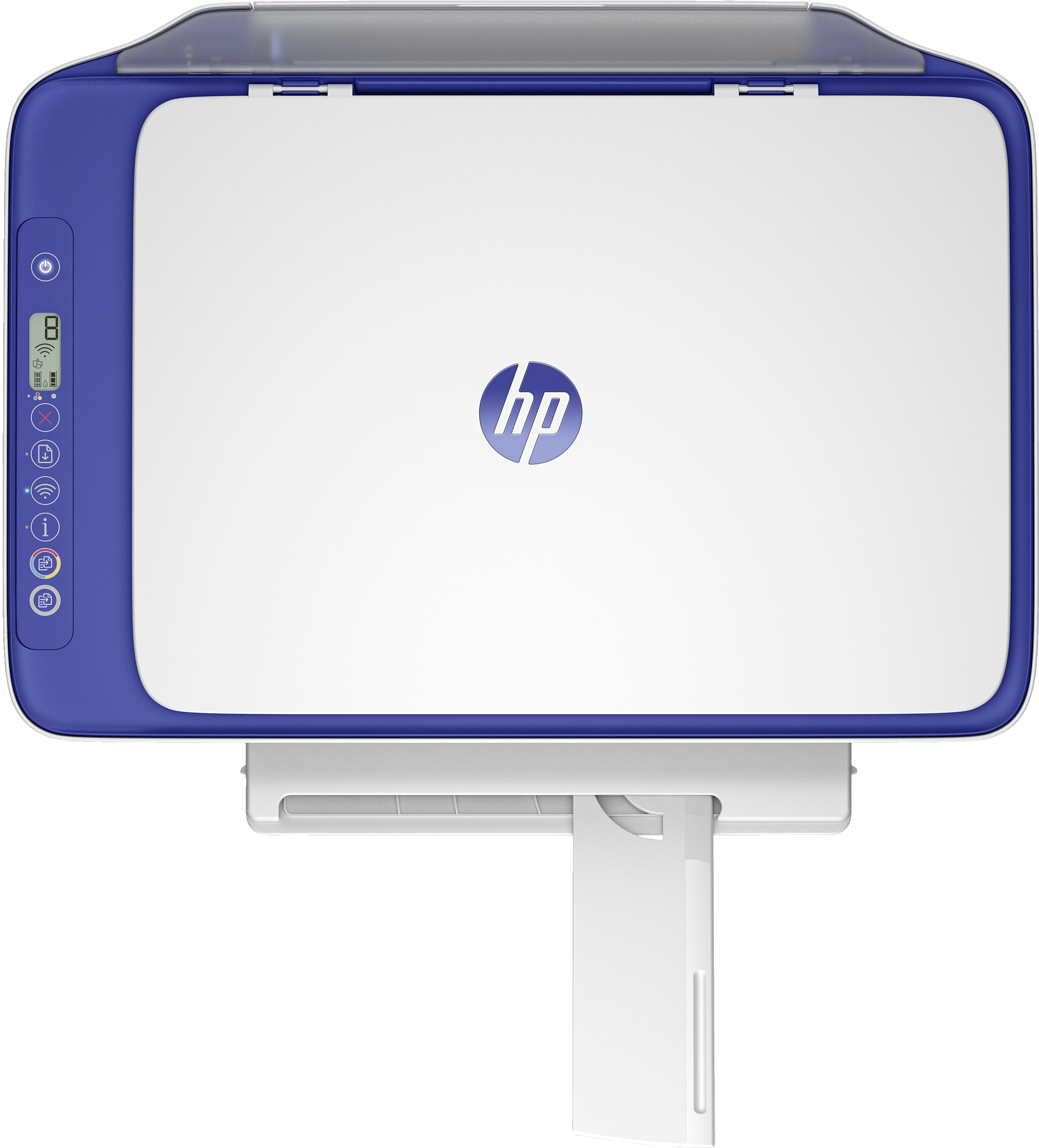 Vista superior de una impresora HP azul y blanca con bandeja de salida de papel extendida.
