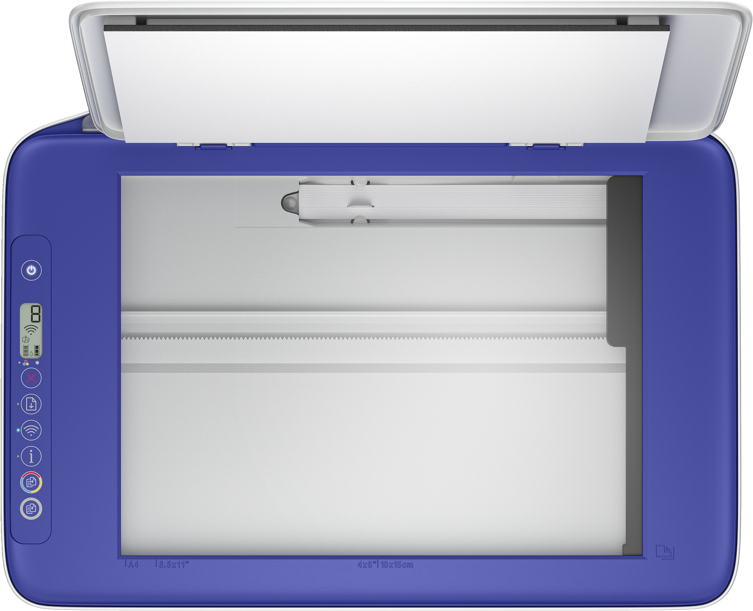 Vista superior de un escáner azul y blanco con tapa abierta, listo para escanear un documento.