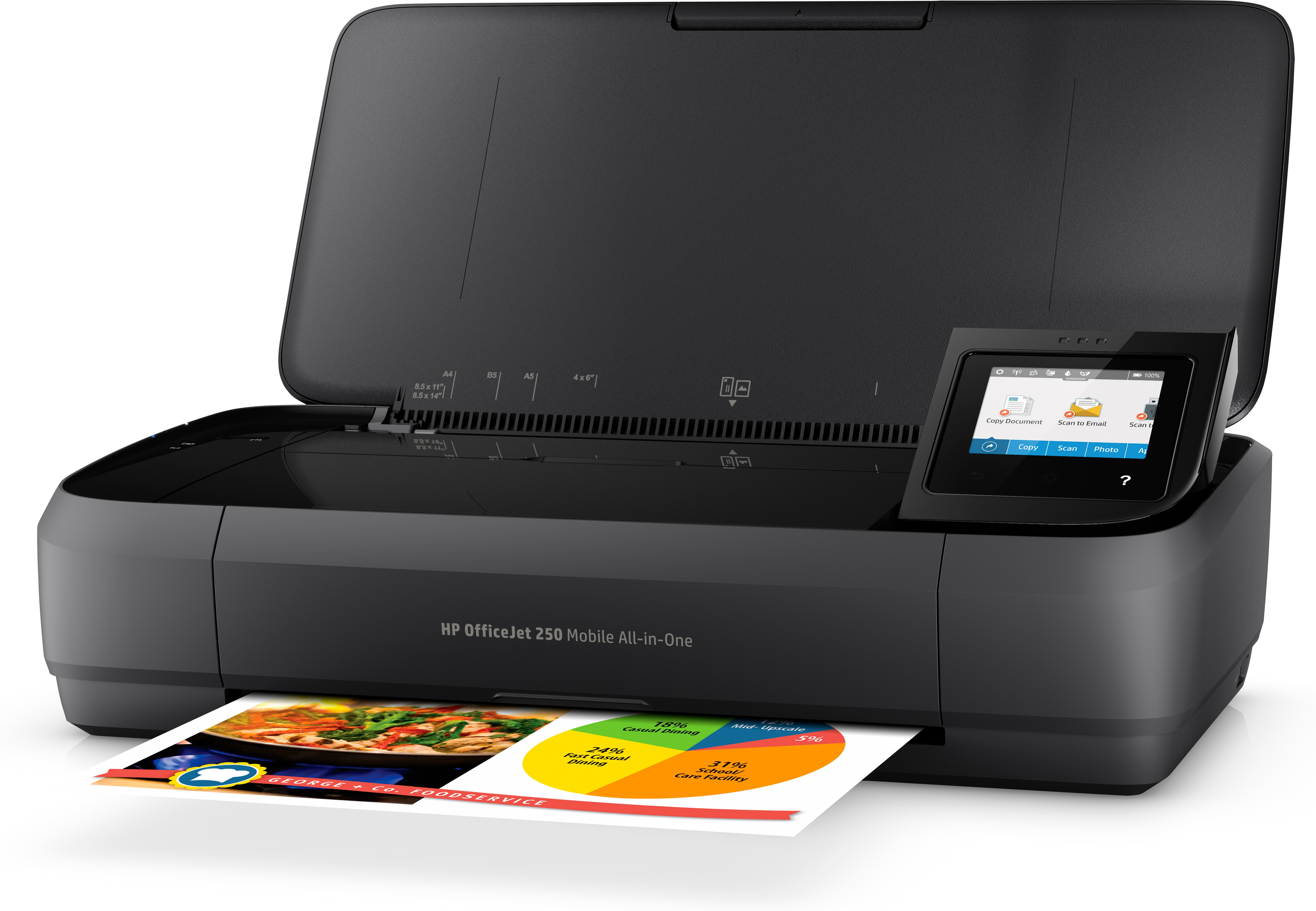 Czarna drukarka HP OfficeJet 250 Mobile All-in-One z widocznym dokumentem i ekranem.