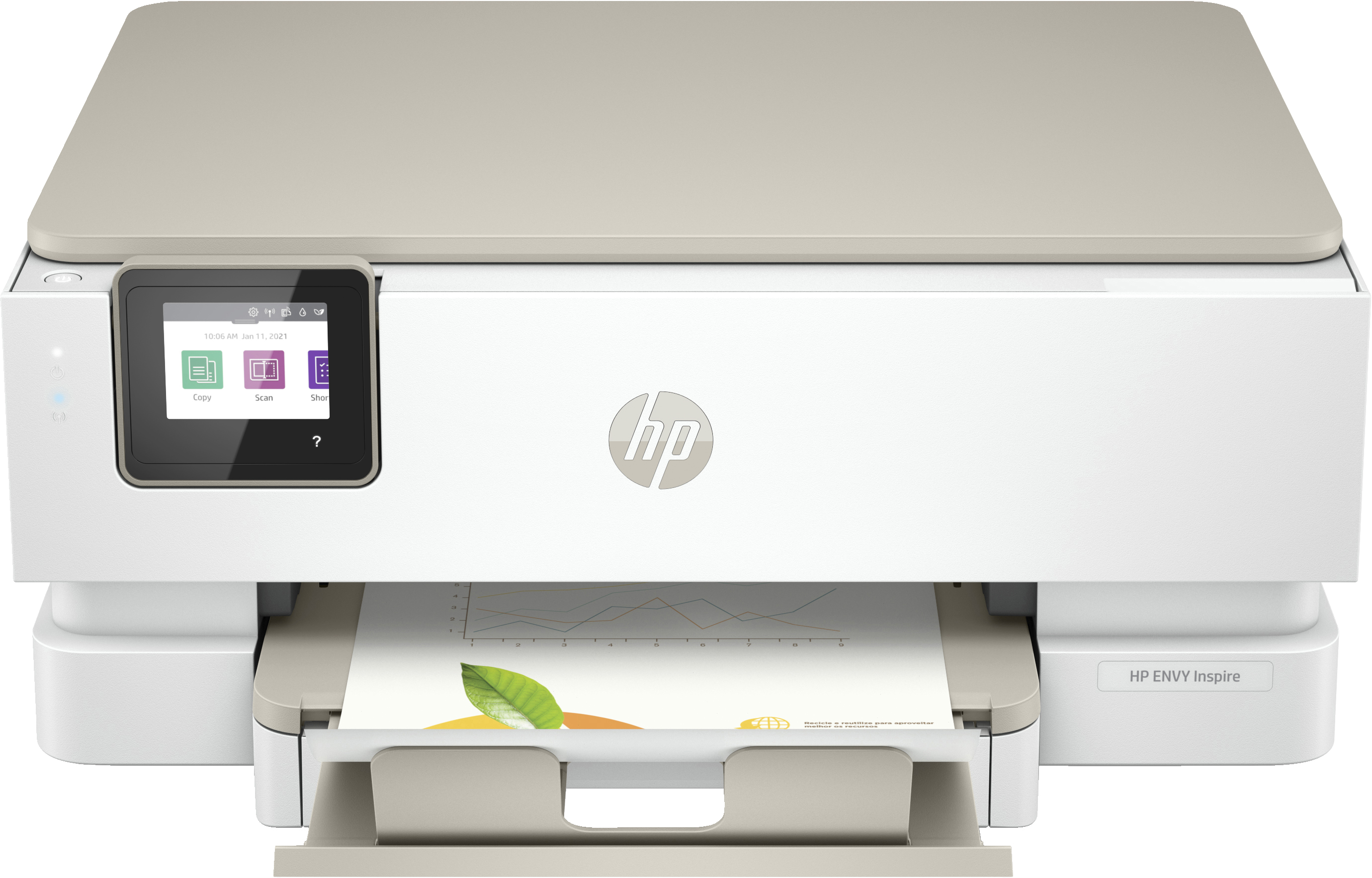 Impresora HP Envy Inspire blanca, con pantalla y bandeja de papel.
