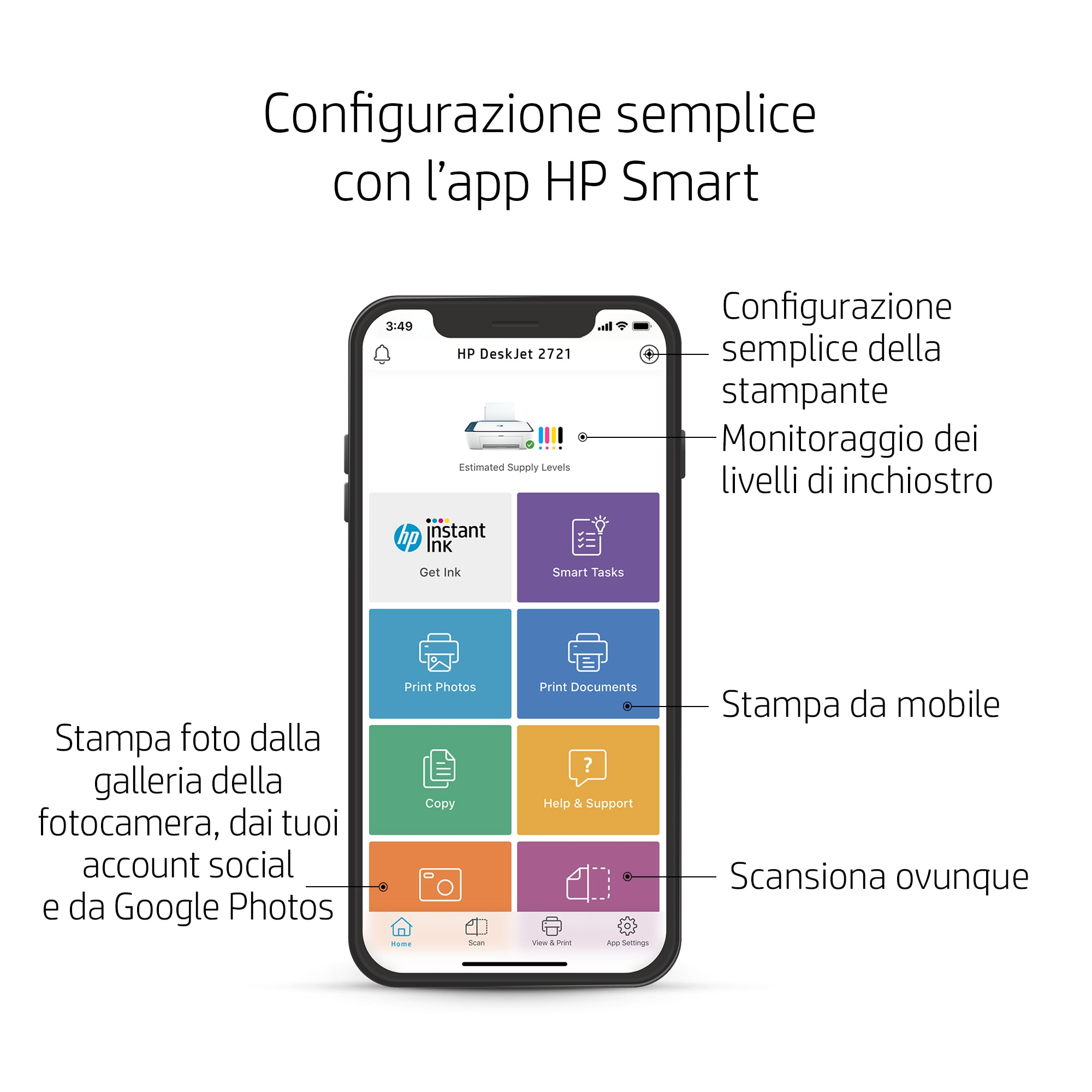 Ein Smartphone-Bildschirm, der die HP Smart App-Oberfläche mit verschiedenen Funktionen und Optionen anzeigt.