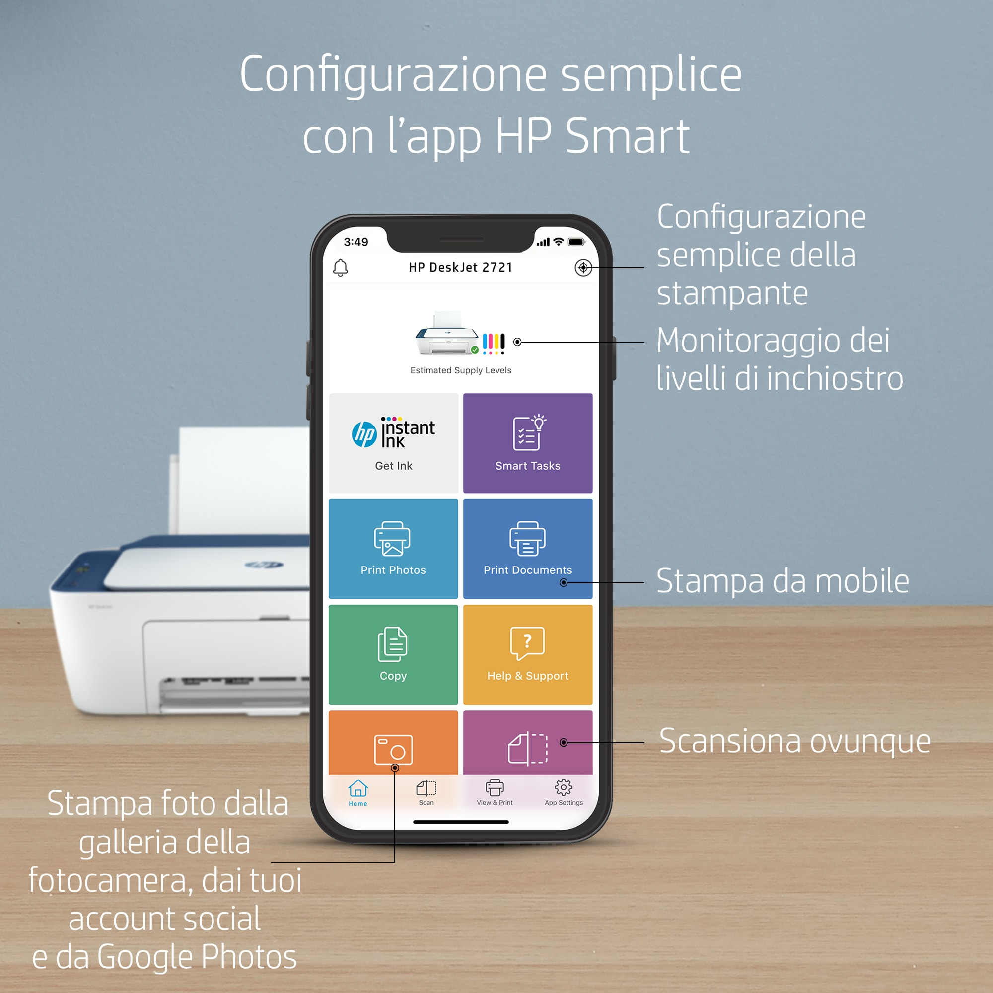 Smartphone-Bildschirm mit der HP Smart App. Drucker und Drucker-App-Funktionen werden gezeigt.