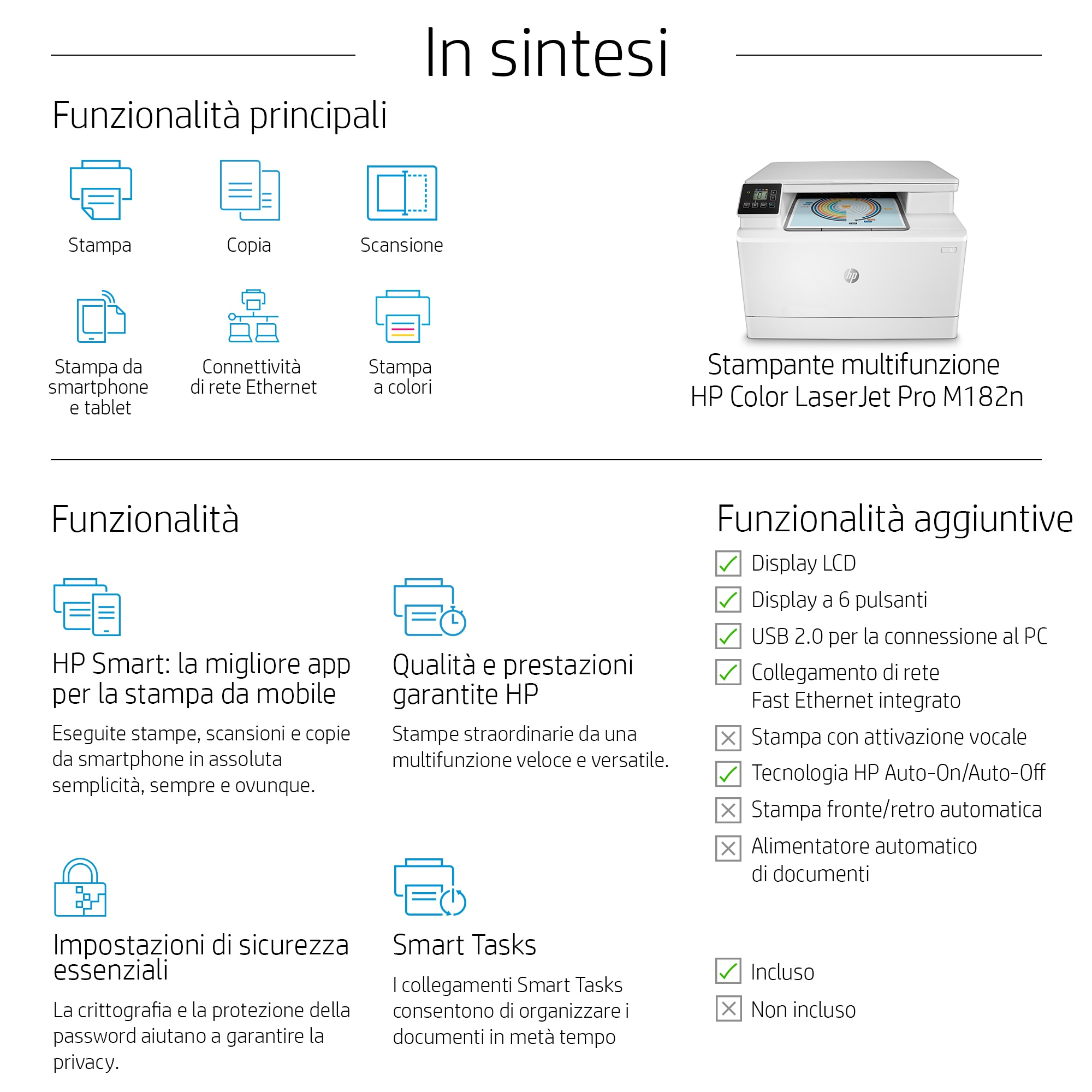 Une publicité pour l'imprimante HP Color LaserJet Pro M182n avec des fonctionnalités.