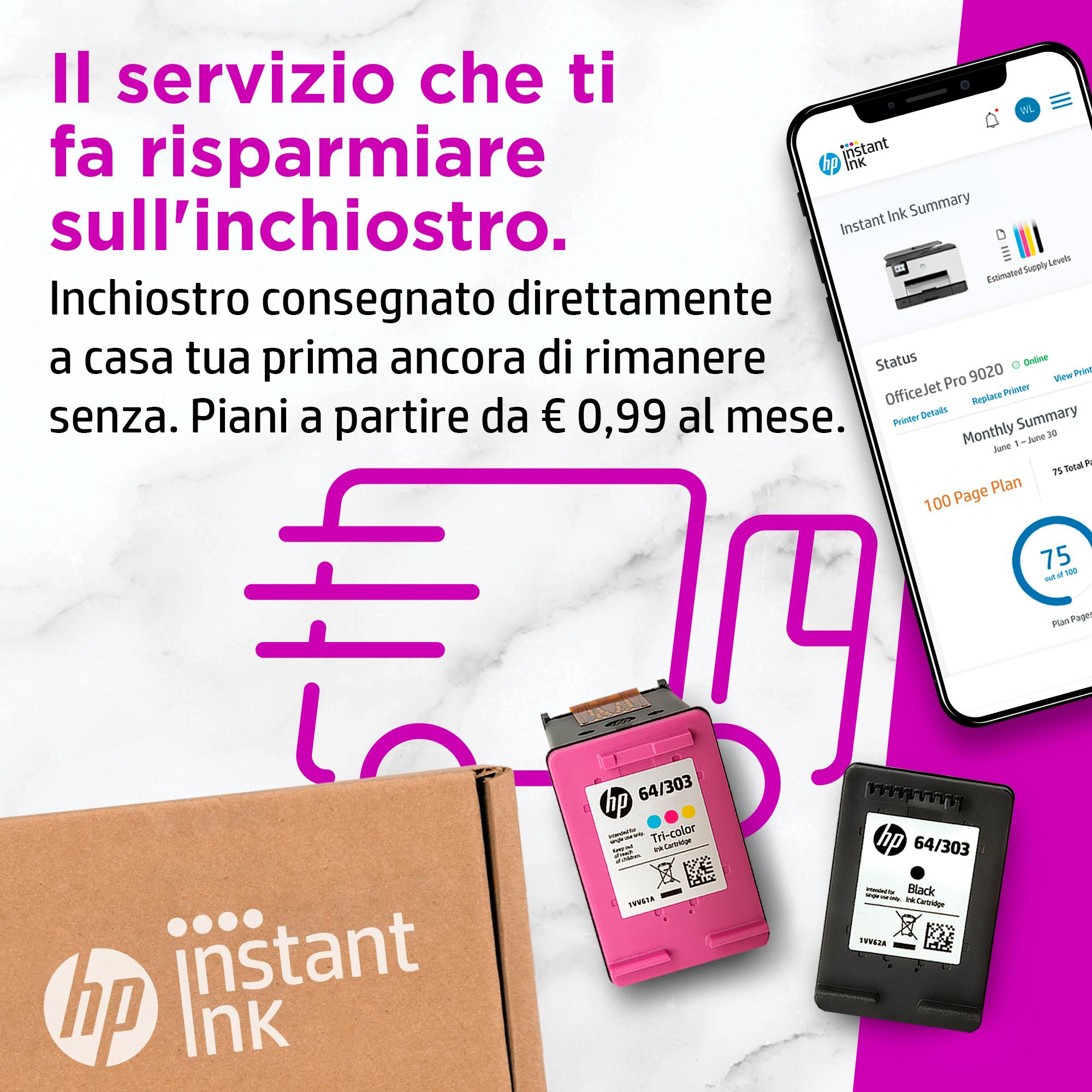Una pubblicità con testo, un telefono, cartucce d'inchiostro e una scatola di cartone.