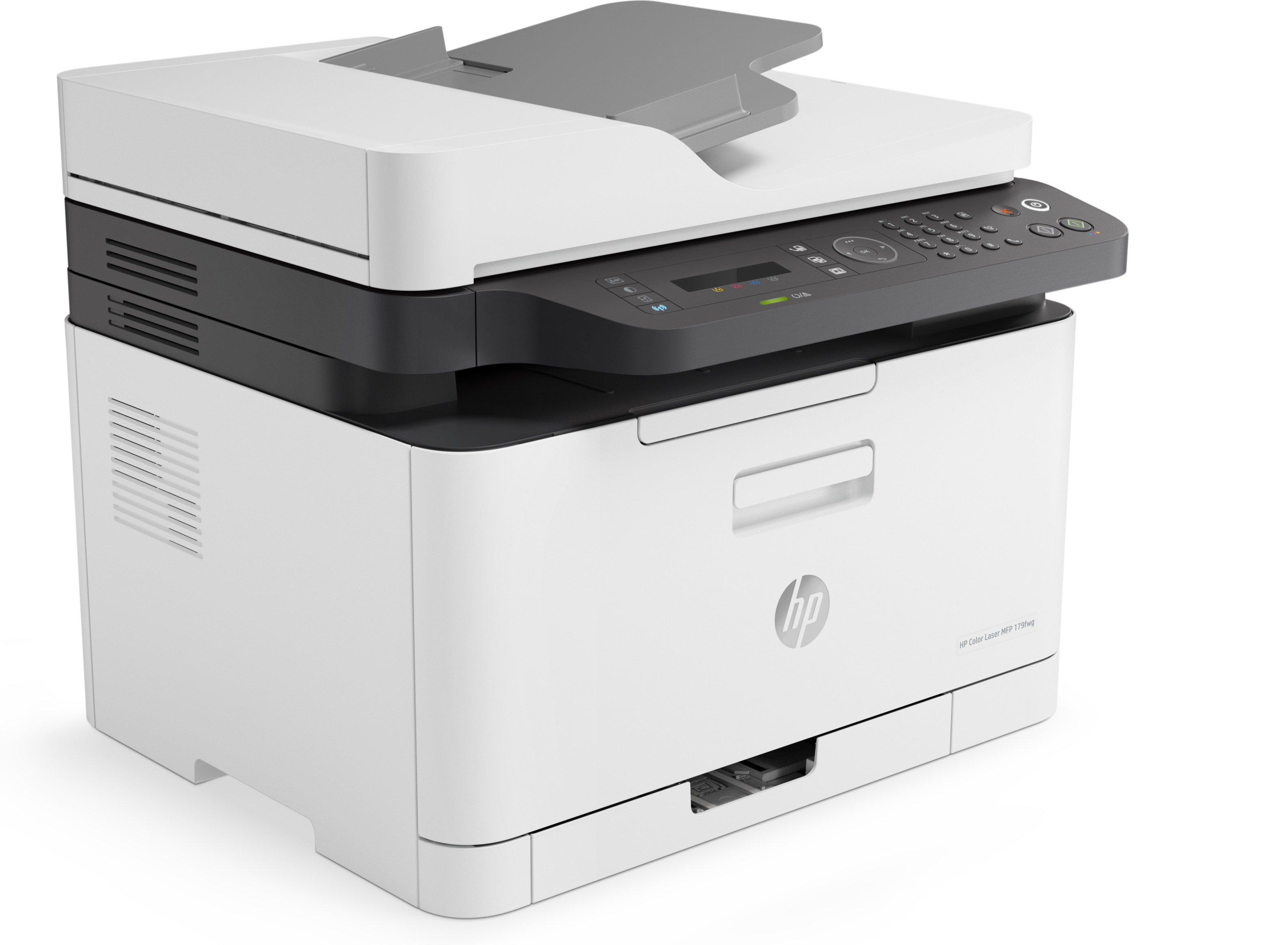 Una impresora HP blanca y negra con tapa gris y pantalla digital.