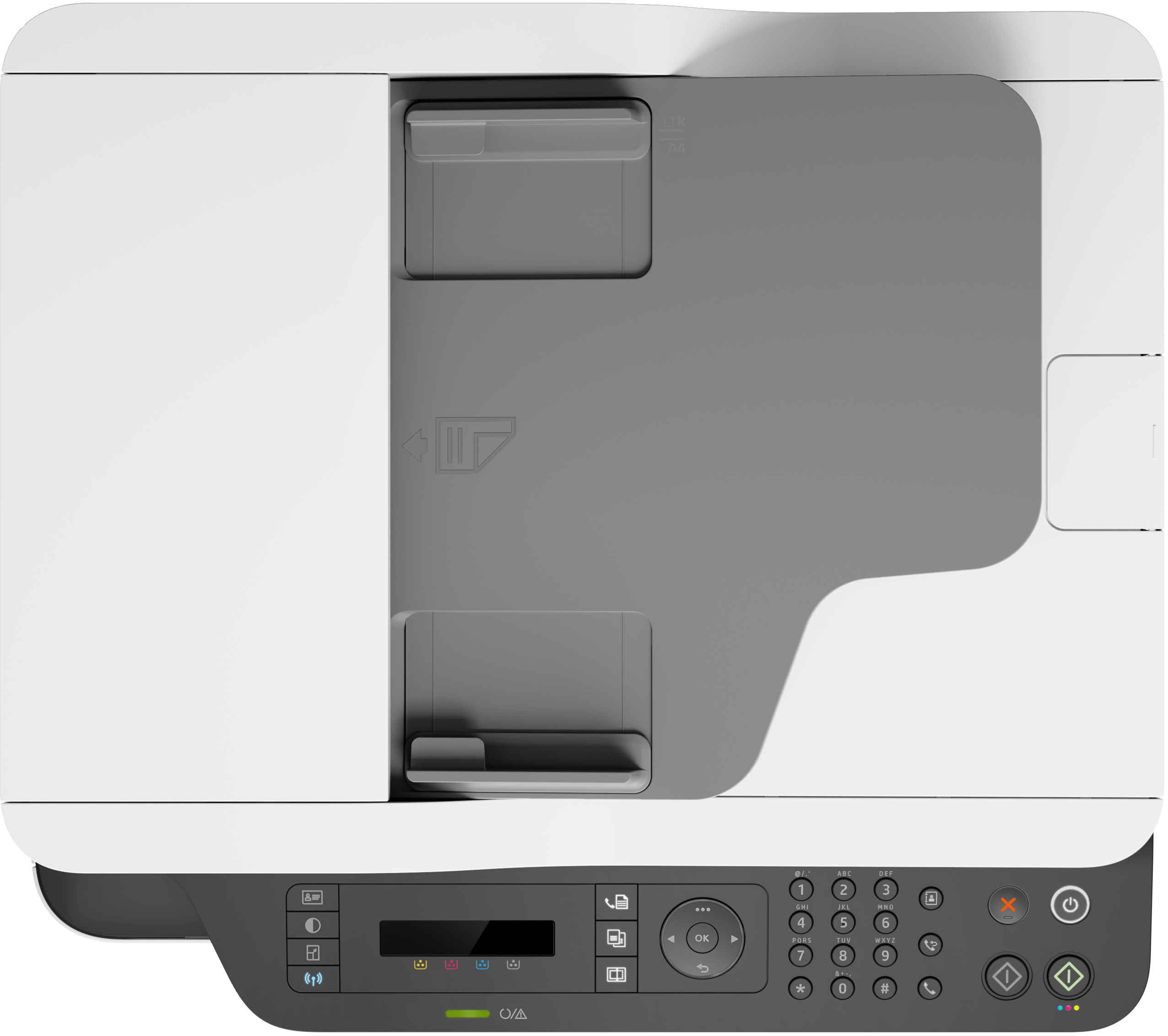 Vista superior de una impresora con panel de control y bandeja de papel. Gris y blanco con botones negros.