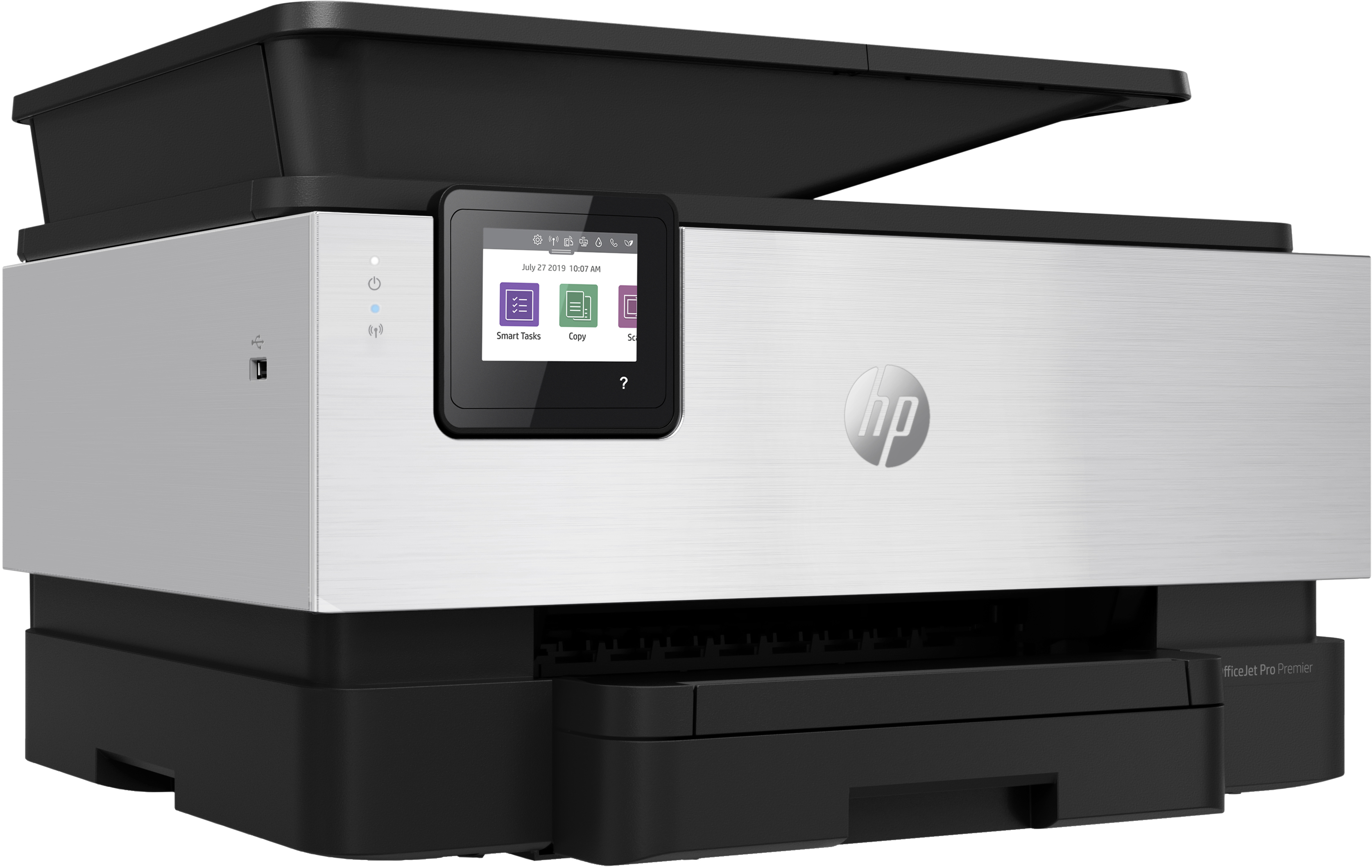 Stampante HP argento e nera con touchscreen. Lo schermo mostra le opzioni.