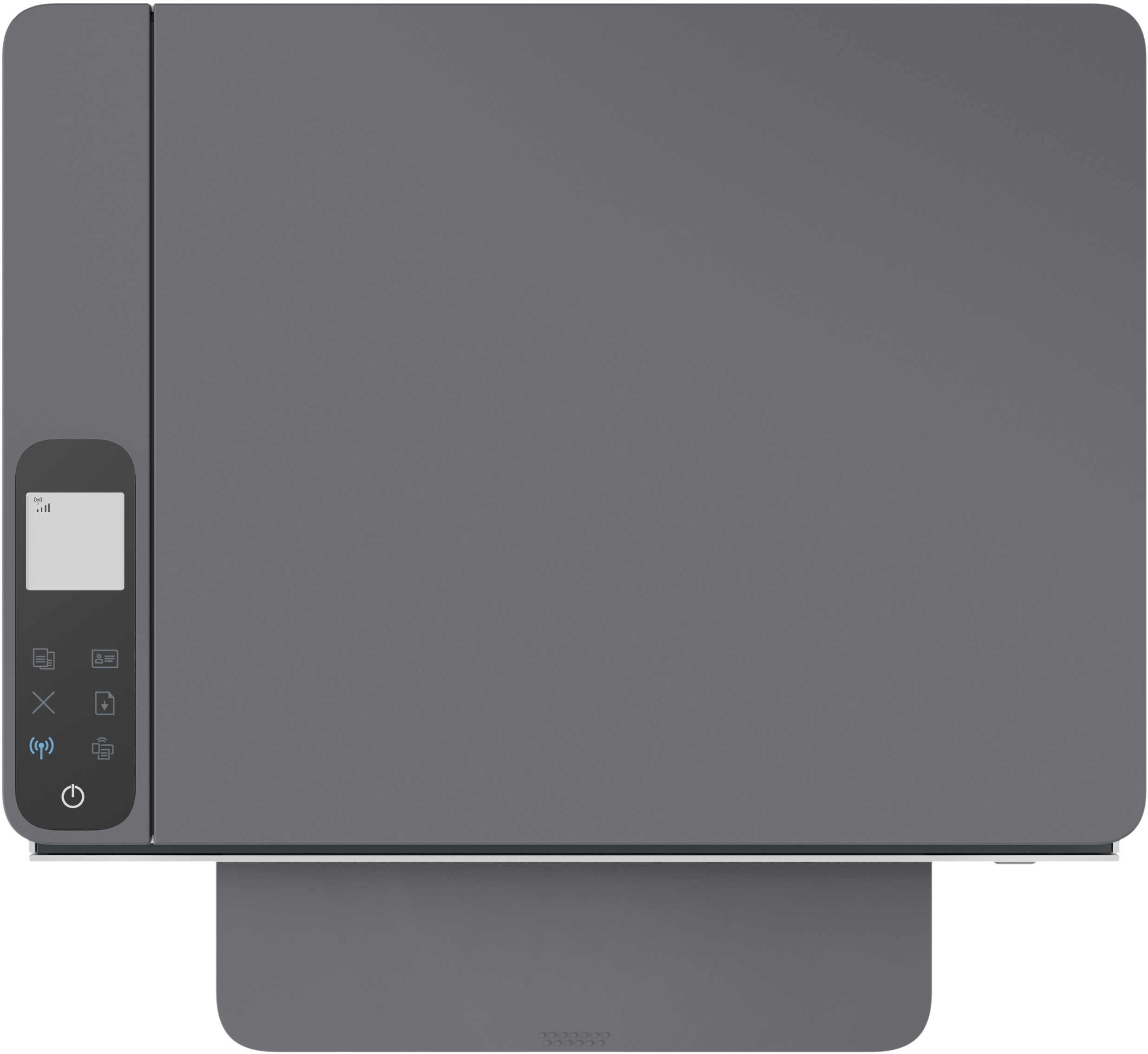 Vista superior de impresora gris con panel de control a la izquierda. Botón de encendido y otros iconos.