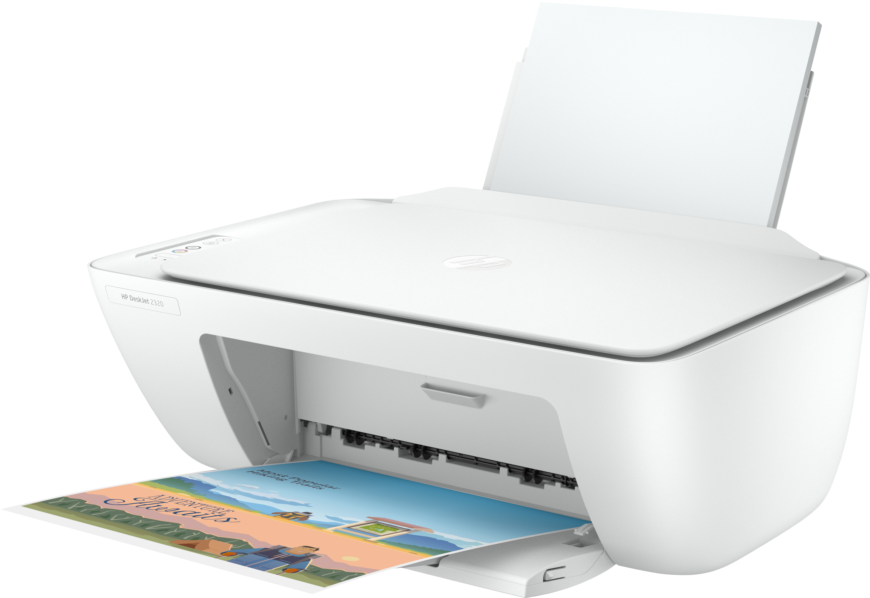 Weißer HP Drucker, der ein Papier mit Landschaftsbild druckt. Weißer Hintergrund.